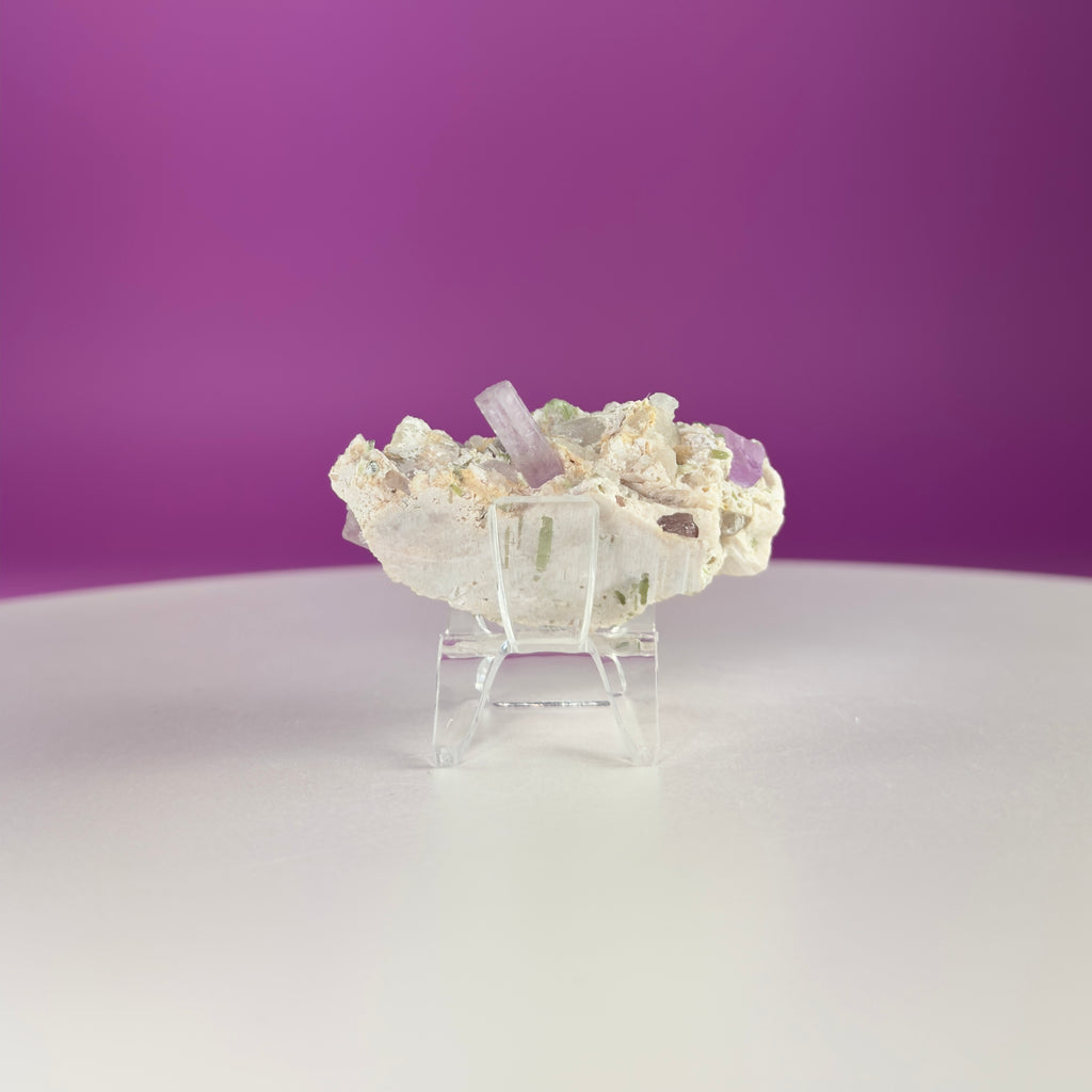Kunzite with Green Tourmaline in Quartz Specimen with Stand | Collector Crystal Display Piece