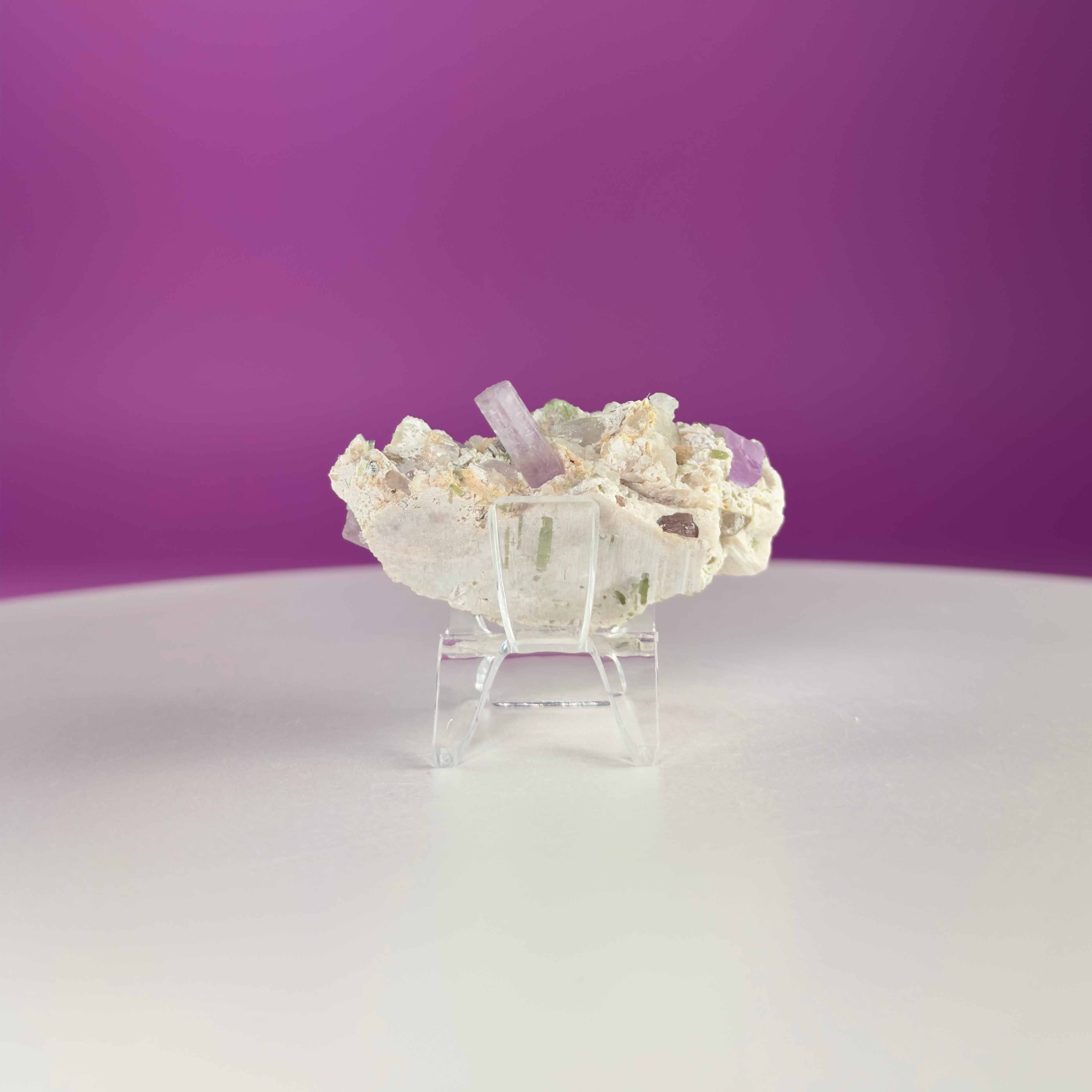 Kunzite with Green Tourmaline in Quartz Specimen with Stand | Collector Crystal Display Piece