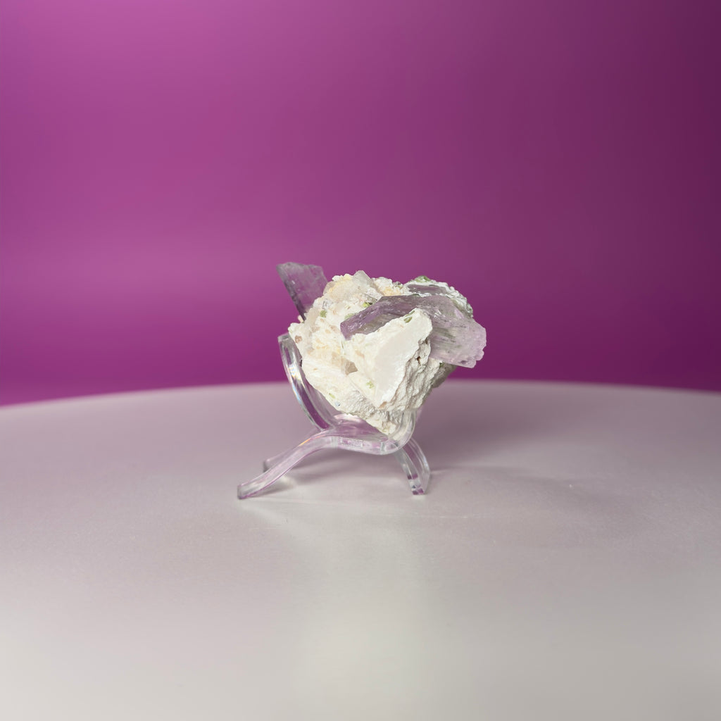 Kunzite with Green Tourmaline in Quartz Specimen with Stand | Collector Crystal Display Piece