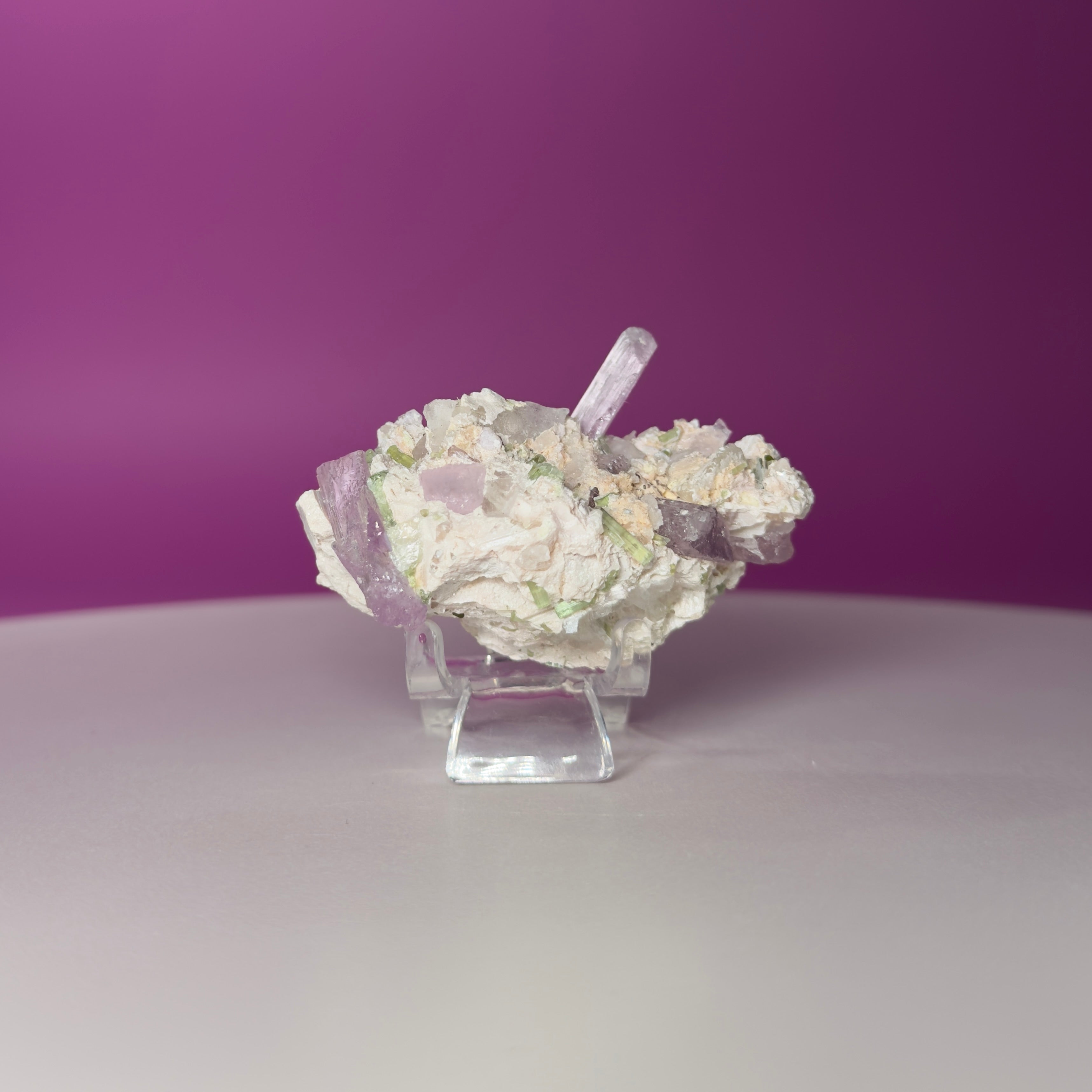 Kunzite with Green Tourmaline in Quartz Specimen with Stand | Collector Crystal Display Piece