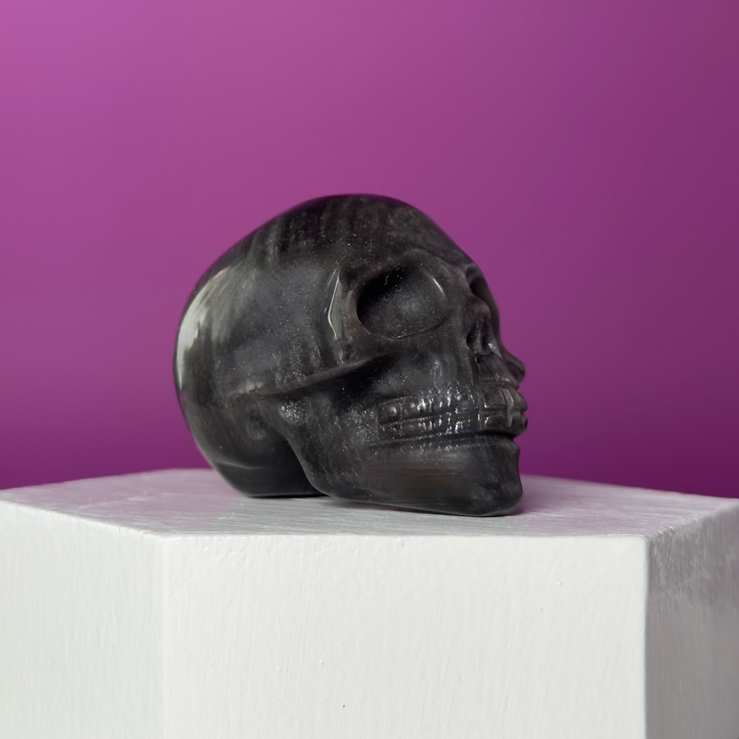 Silver Sheen Obsidian Skull Carving | Polished Crystal Skull for Protection & Grounding