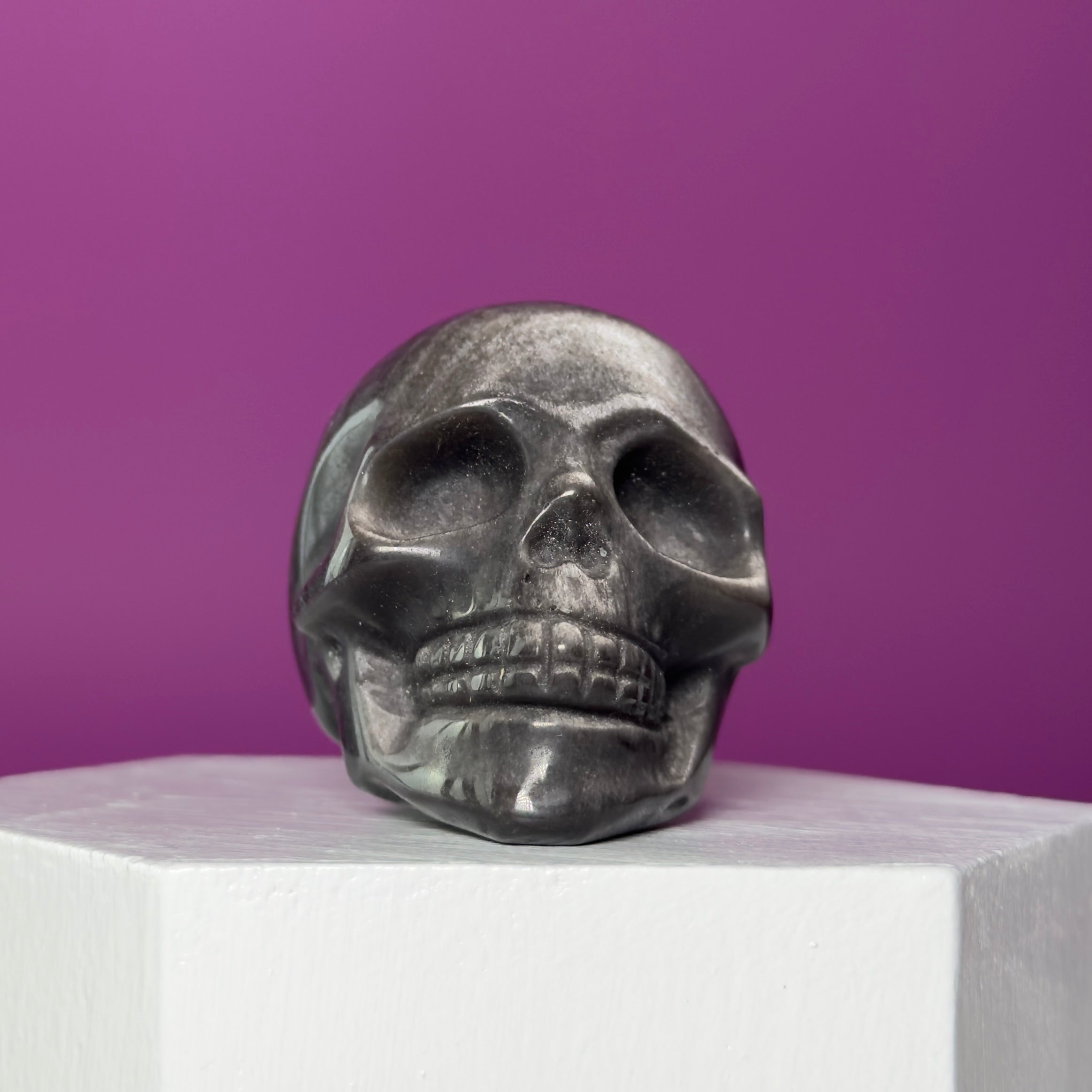 Silver Sheen Obsidian Skull Carving | Polished Crystal Skull for Protection & Grounding