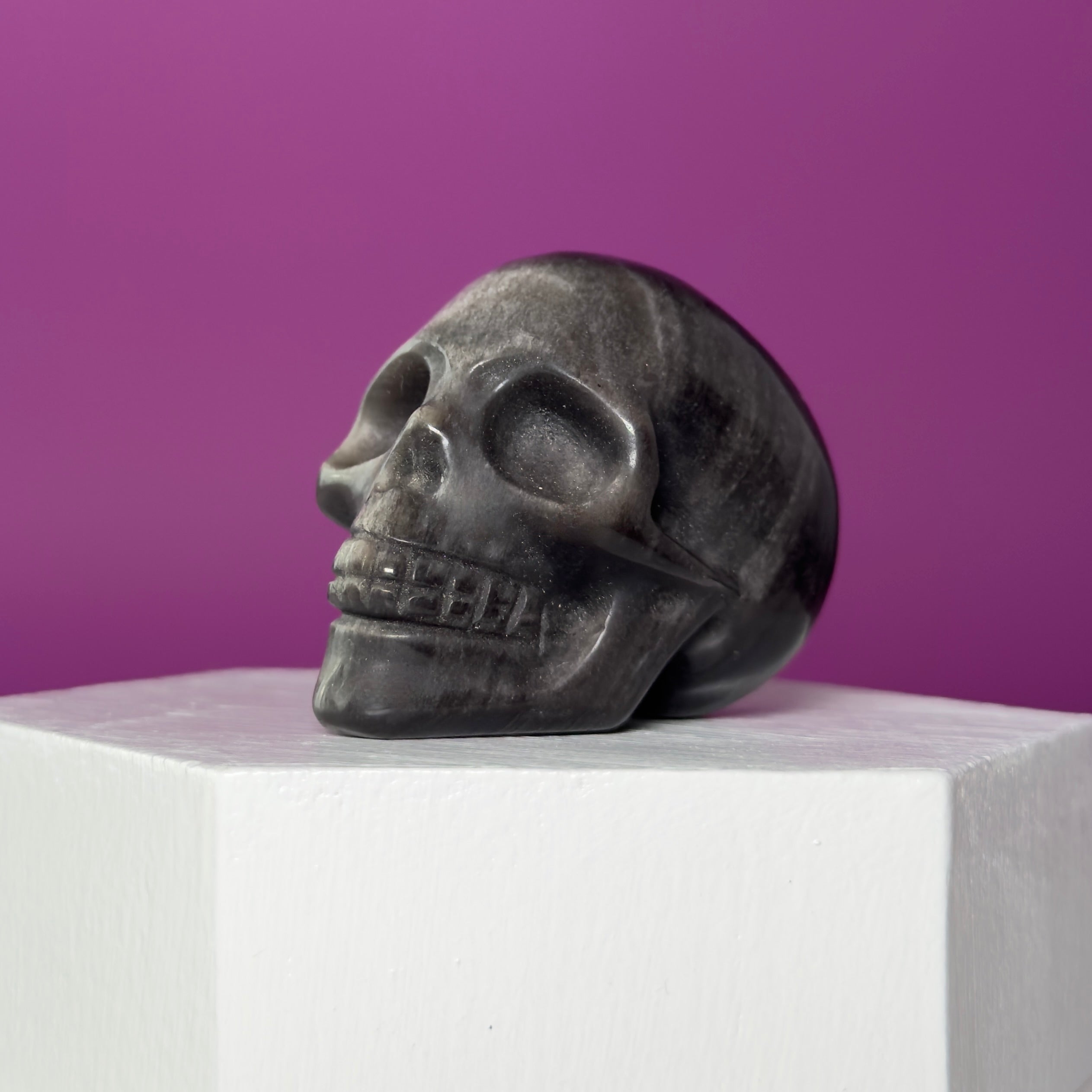 Silver Sheen Obsidian Skull Carving | Polished Crystal Skull for Protection & Grounding