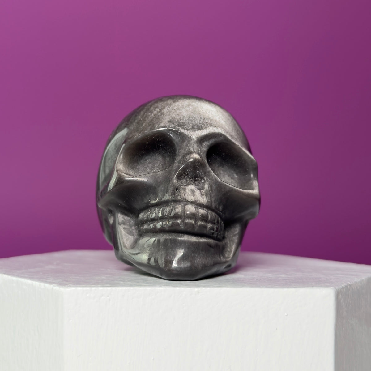 Silver Sheen Obsidian Skull Carving | Polished Crystal Skull for Protection & Grounding