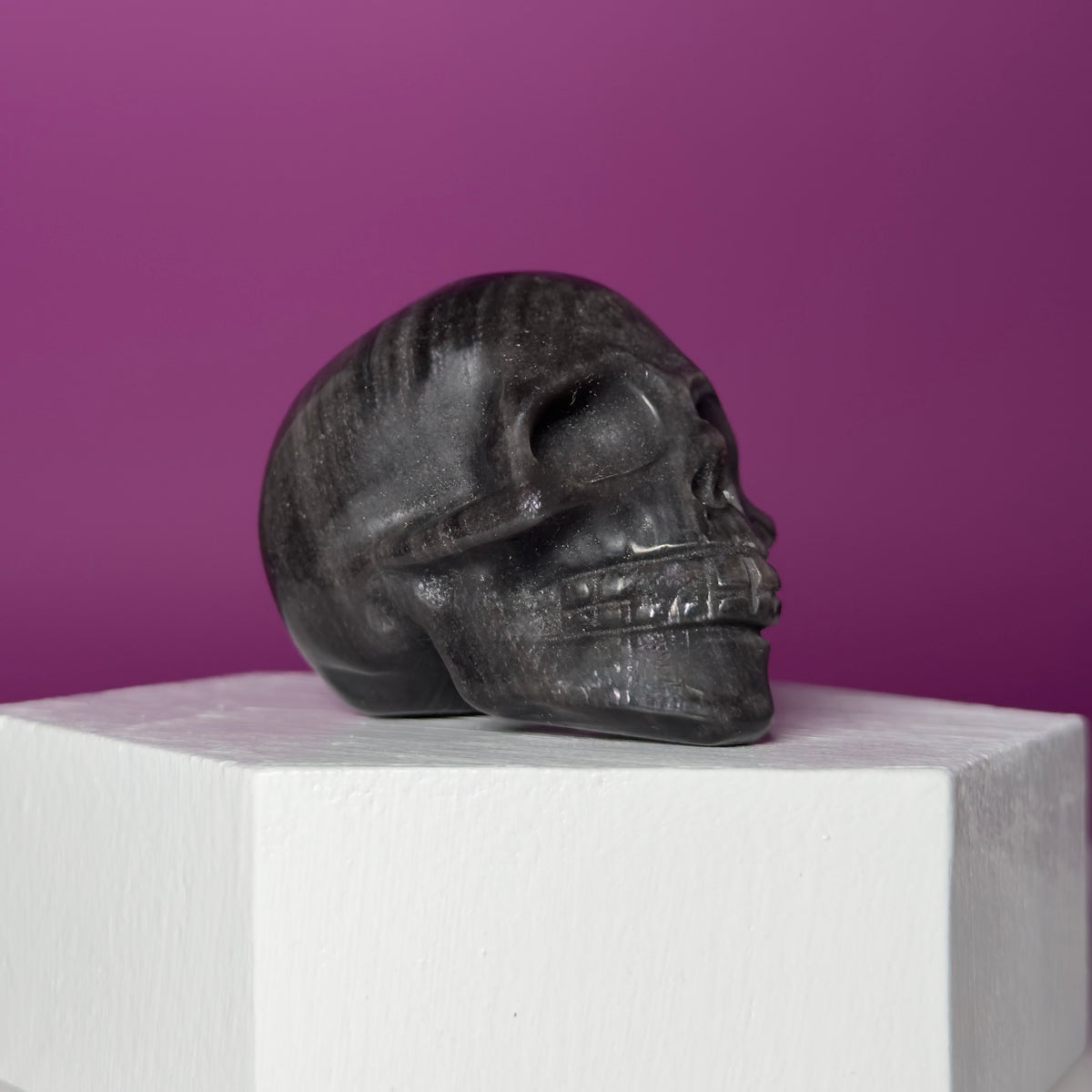 Silver Sheen Obsidian Skull Carving | Polished Crystal Skull for Protection & Grounding