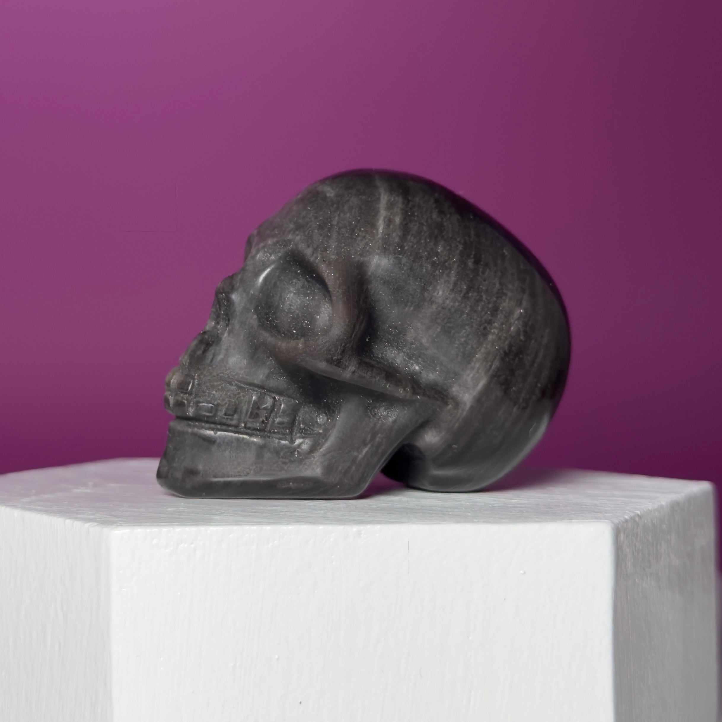 Silver Sheen Obsidian Skull Carving | Polished Crystal Skull for Protection & Grounding