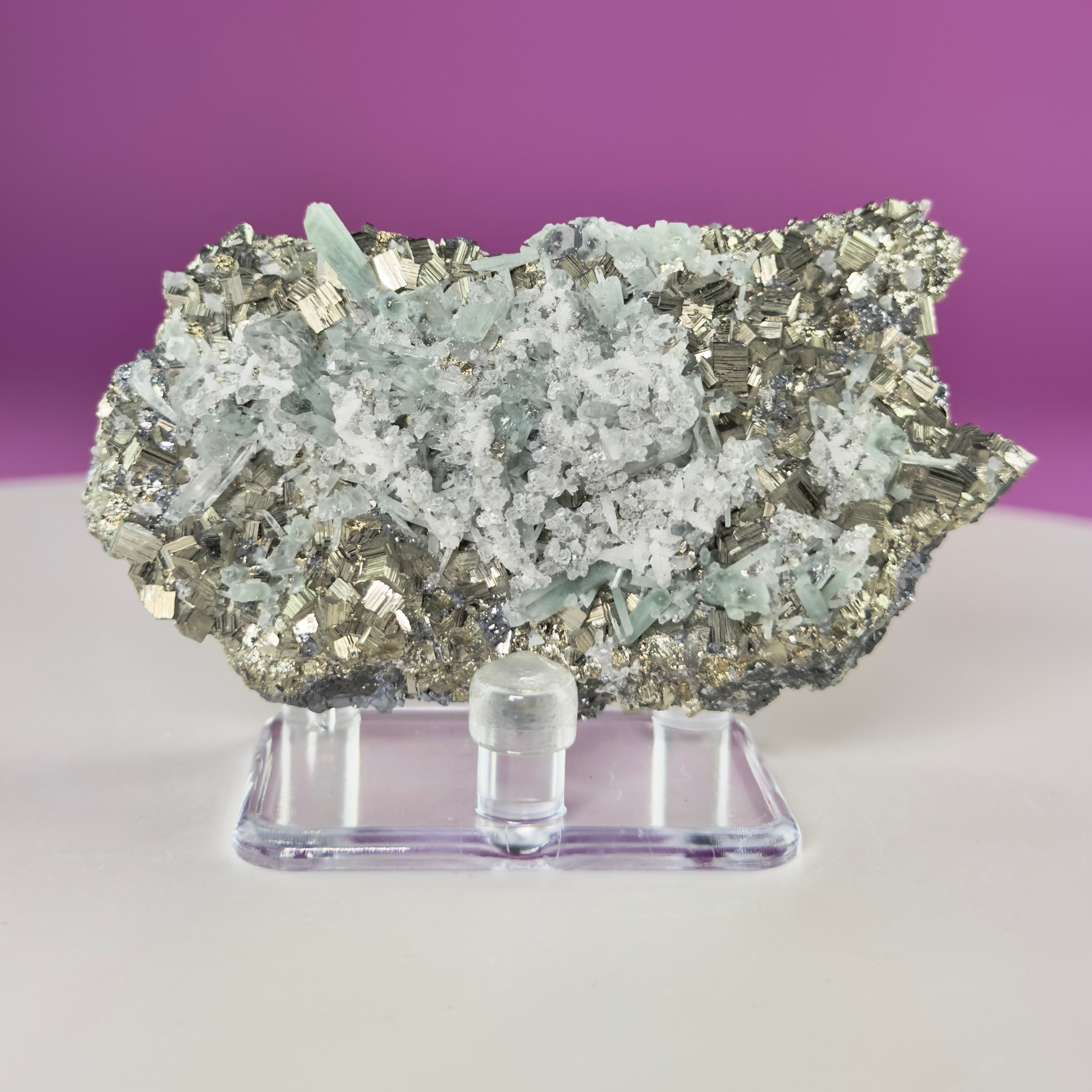 Green Quartz on Pyrite & Galena Specimen – Huaron Mine Peru Mineral Display
