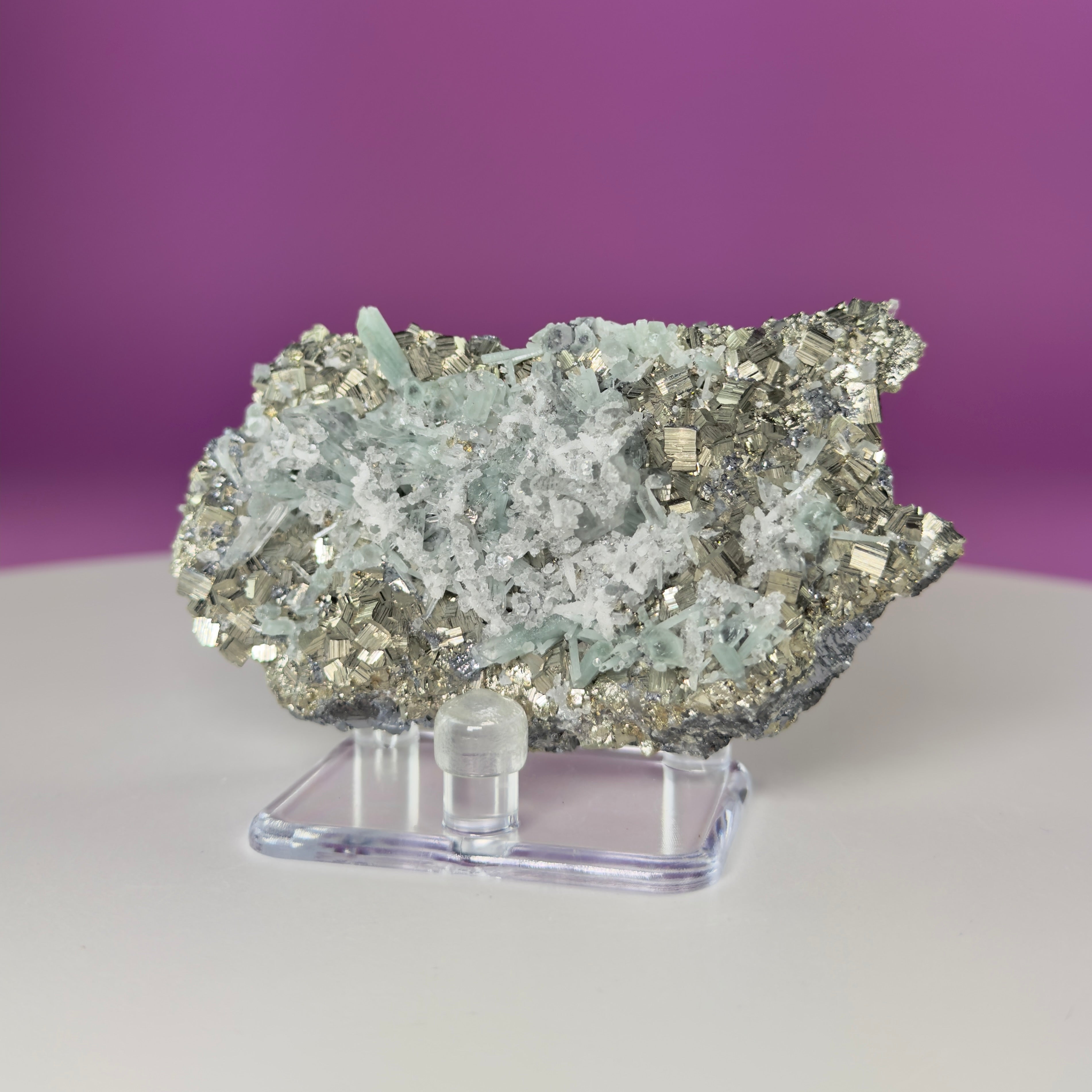 Green Quartz on Pyrite & Galena Specimen – Huaron Mine Peru Mineral Display