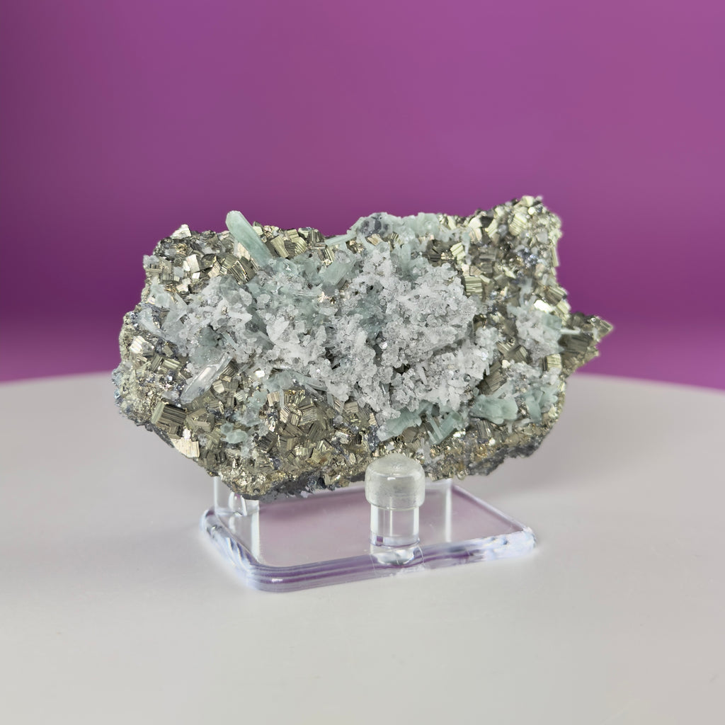 Green Quartz on Pyrite & Galena Specimen – Huaron Mine Peru Mineral Display