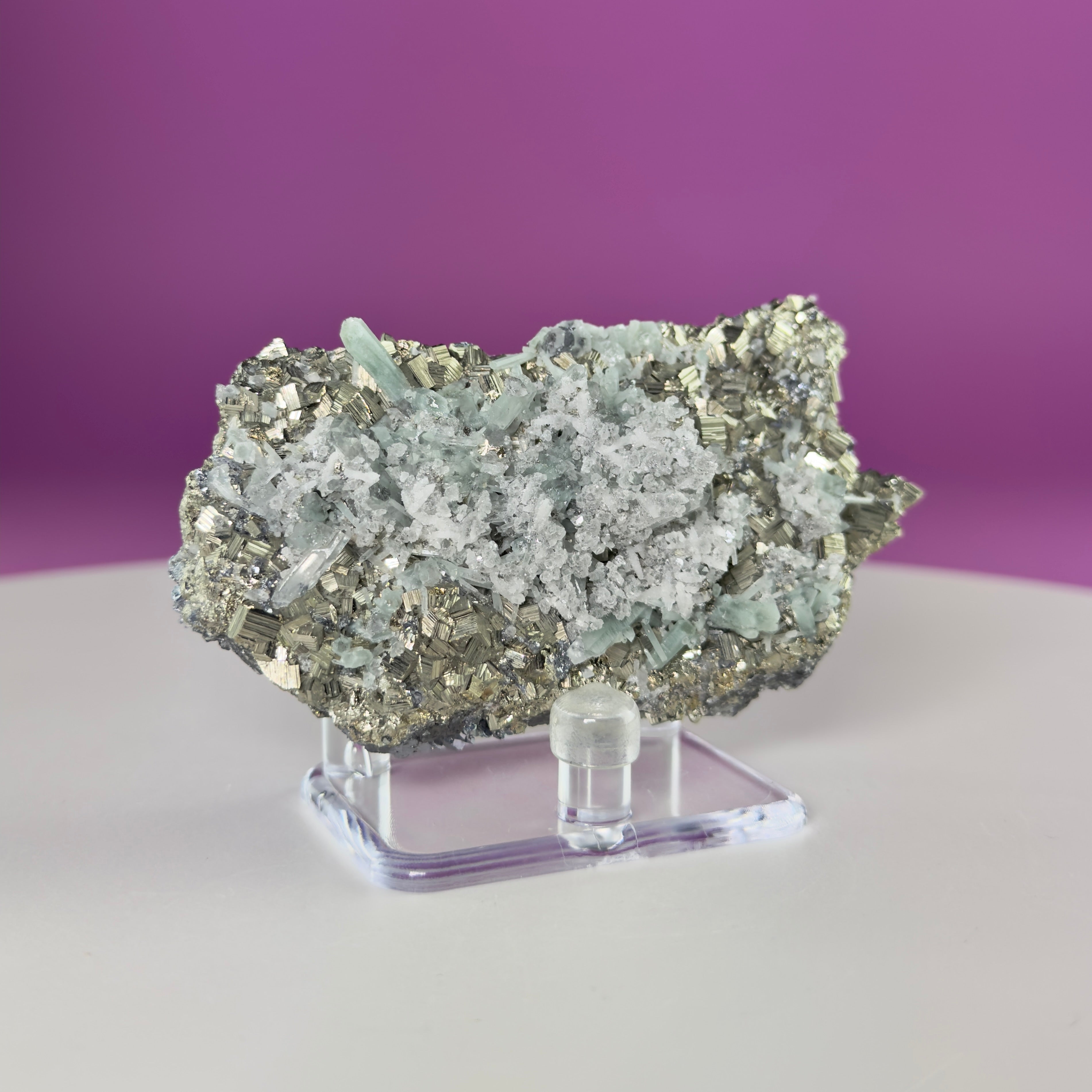 Green Quartz on Pyrite & Galena Specimen – Huaron Mine Peru Mineral Display