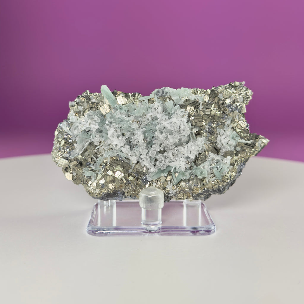 Green Quartz on Pyrite & Galena Specimen – Huaron Mine Peru Mineral Display