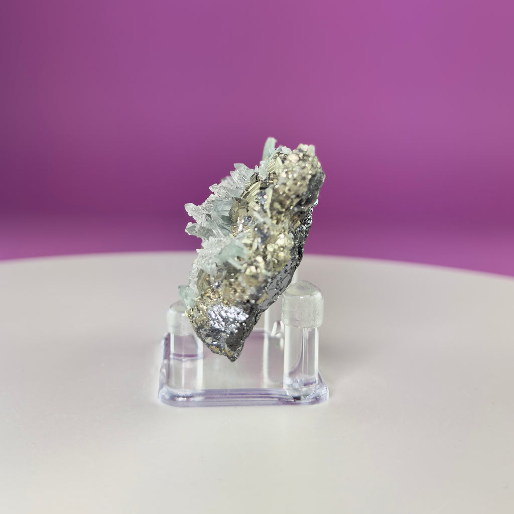 Green Quartz on Pyrite & Galena Specimen – Huaron Mine Peru Mineral Display