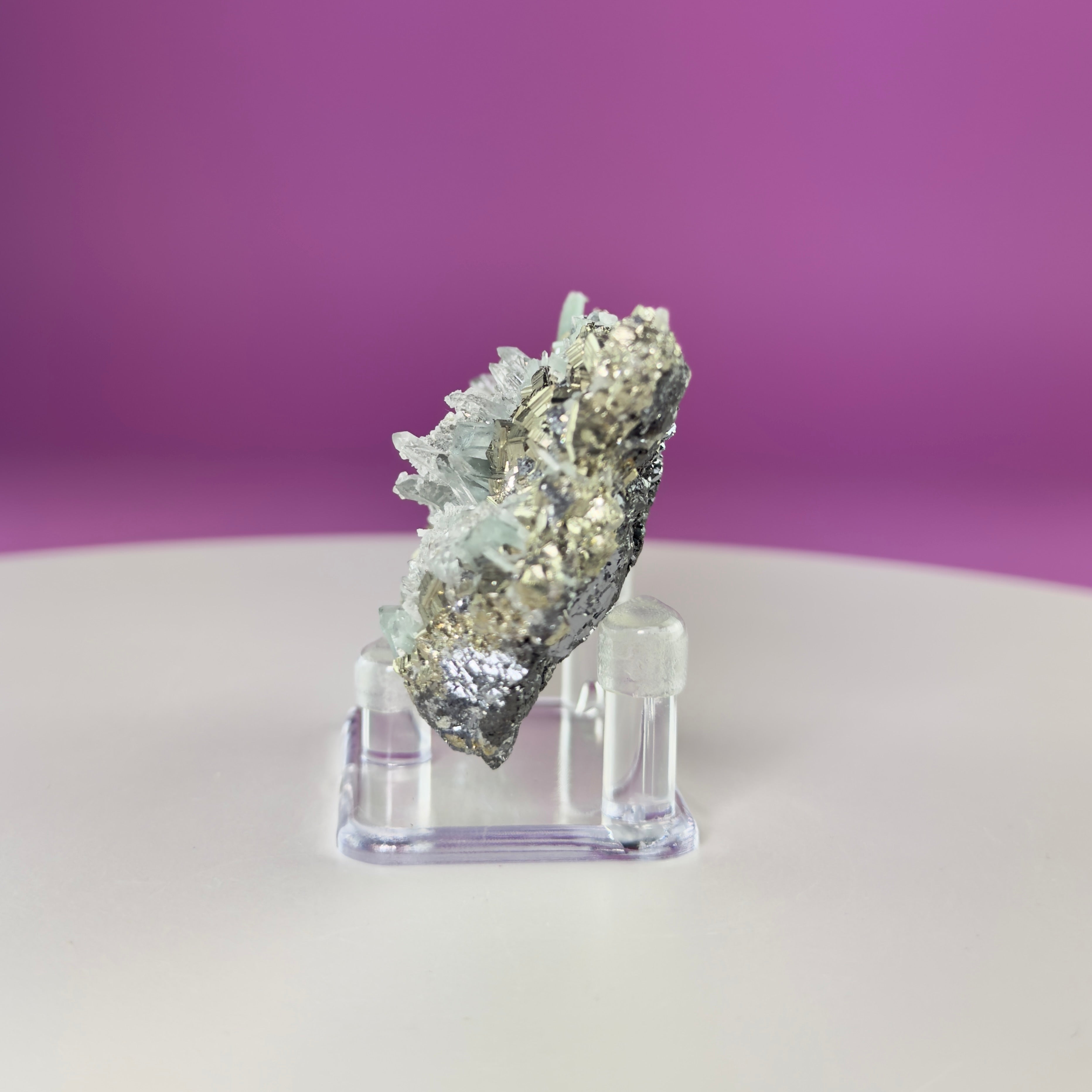 Green Quartz on Pyrite & Galena Specimen – Huaron Mine Peru Mineral Display