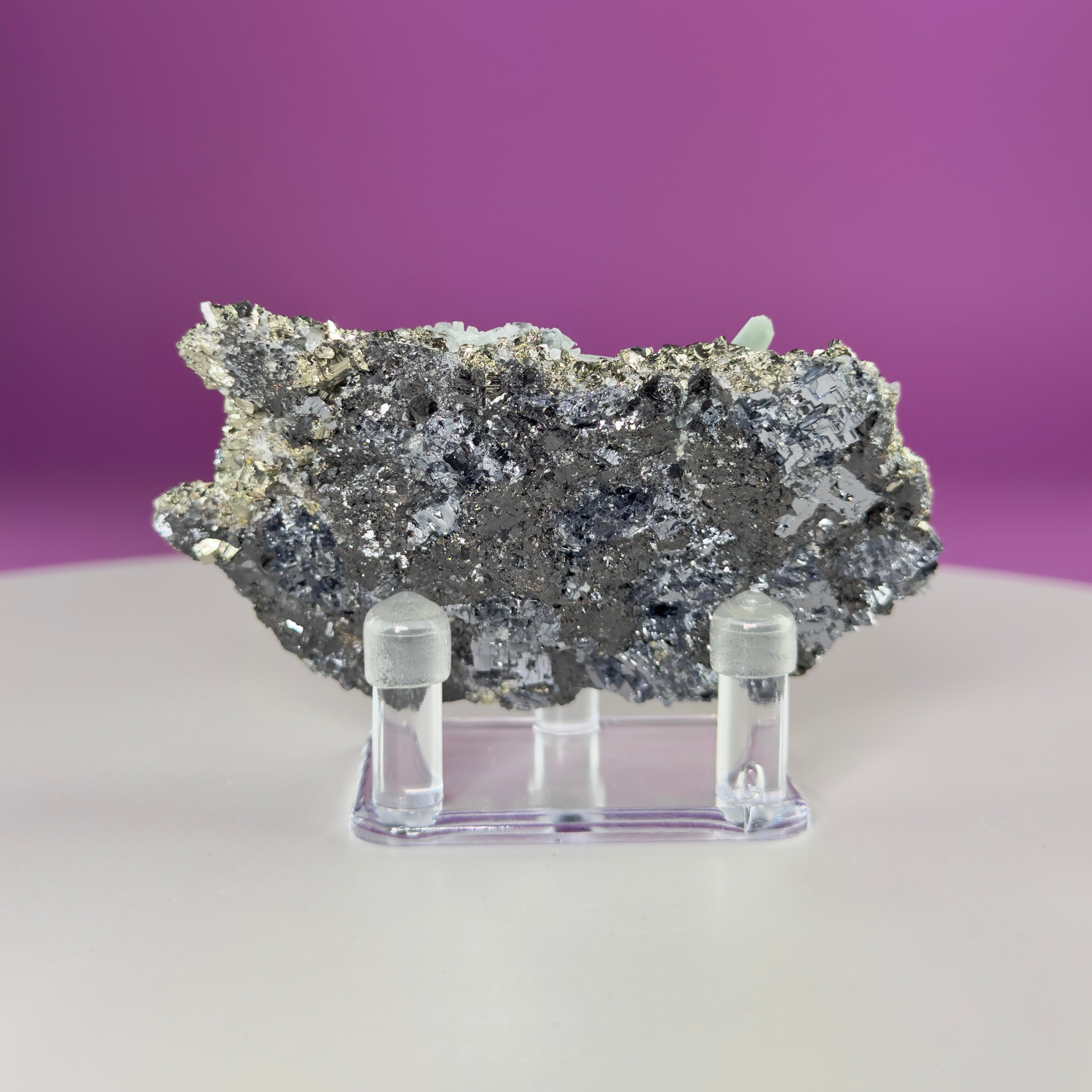 Green Quartz on Pyrite & Galena Specimen – Huaron Mine Peru Mineral Display