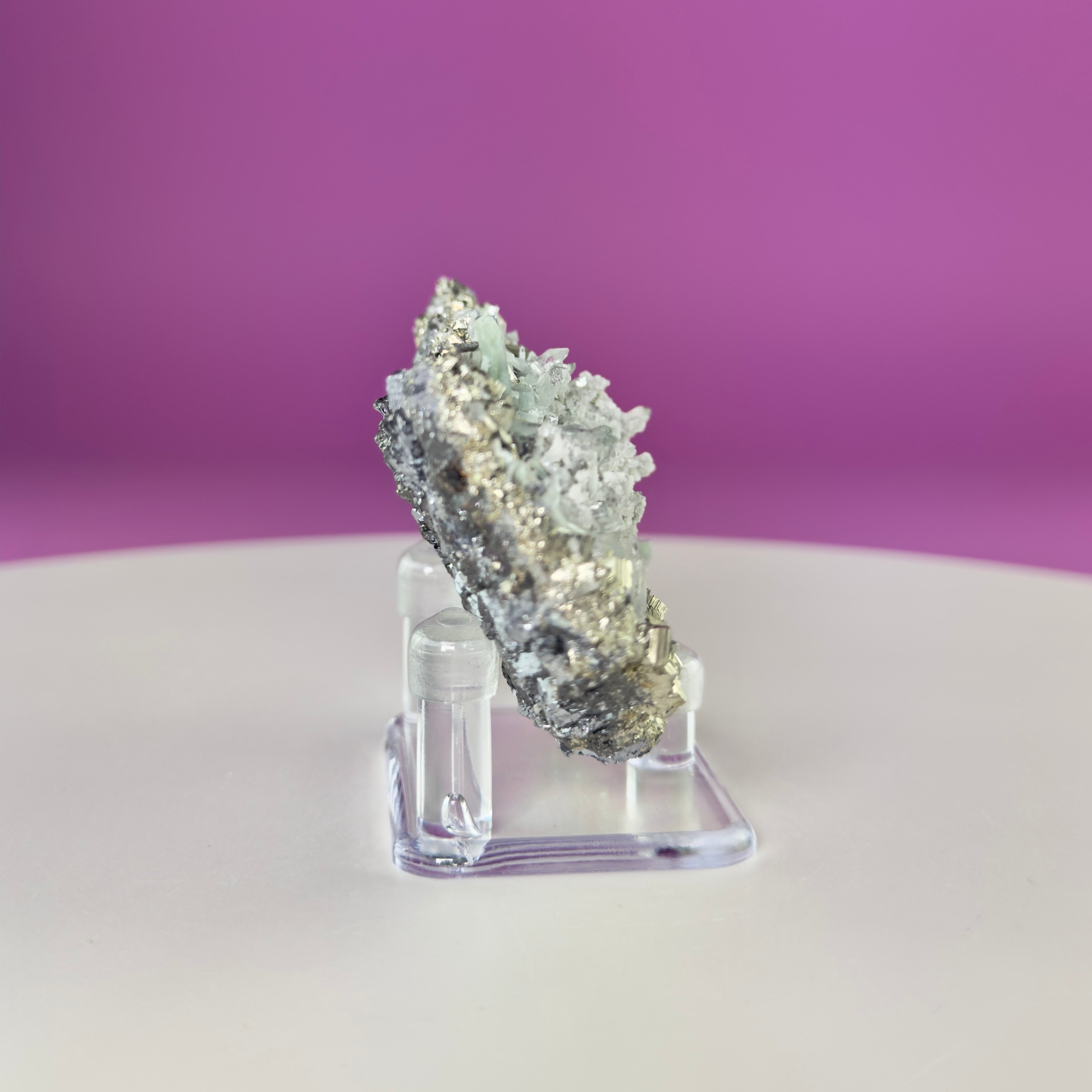 Green Quartz on Pyrite & Galena Specimen – Huaron Mine Peru Mineral Display