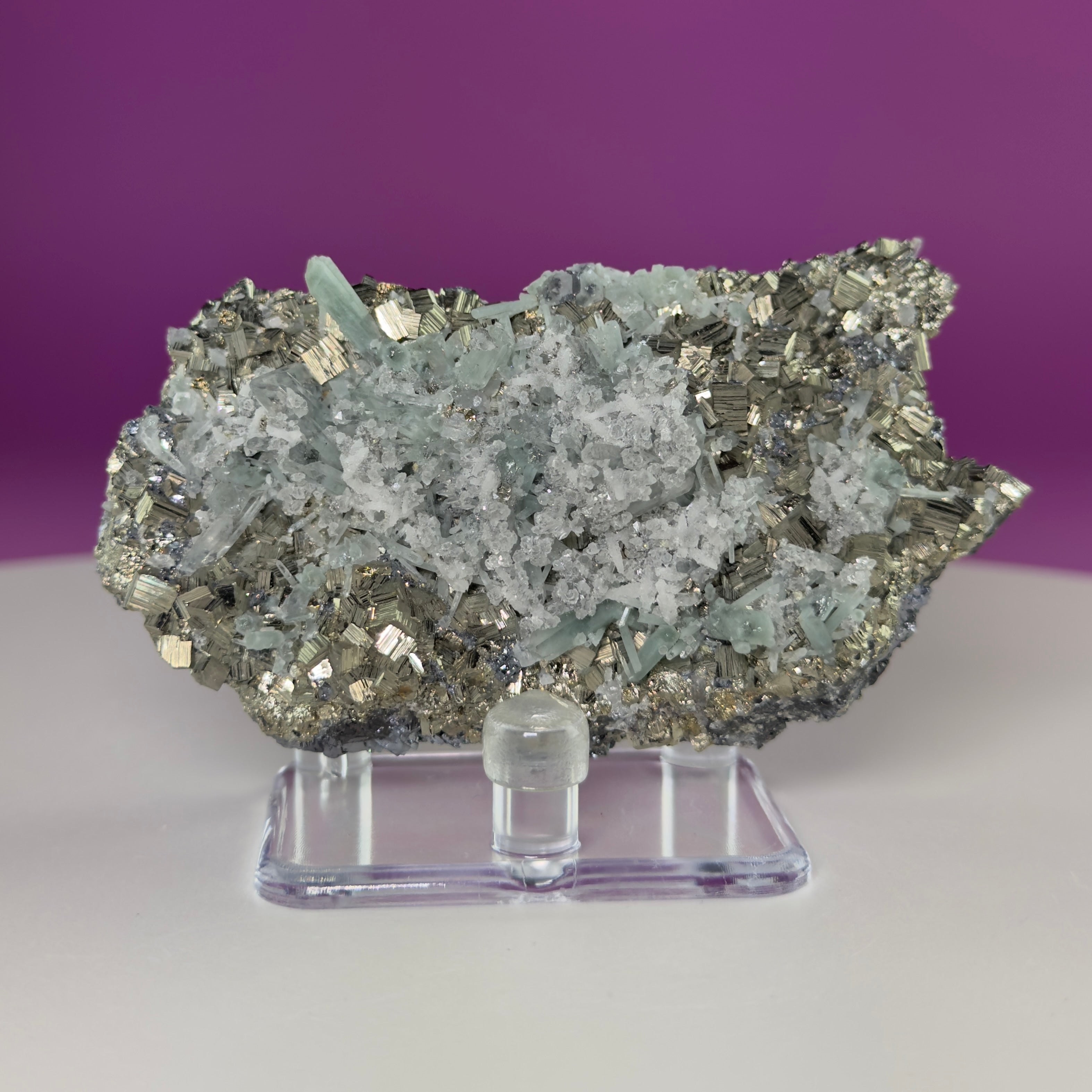 Green Quartz on Pyrite & Galena Specimen – Huaron Mine Peru Mineral Display