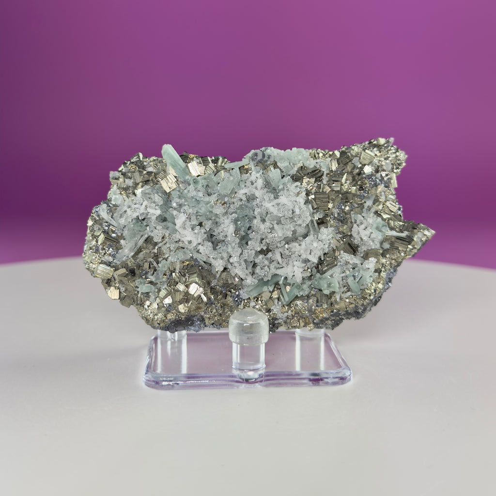 Green Quartz on Pyrite & Galena Specimen – Huaron Mine Peru Mineral Display