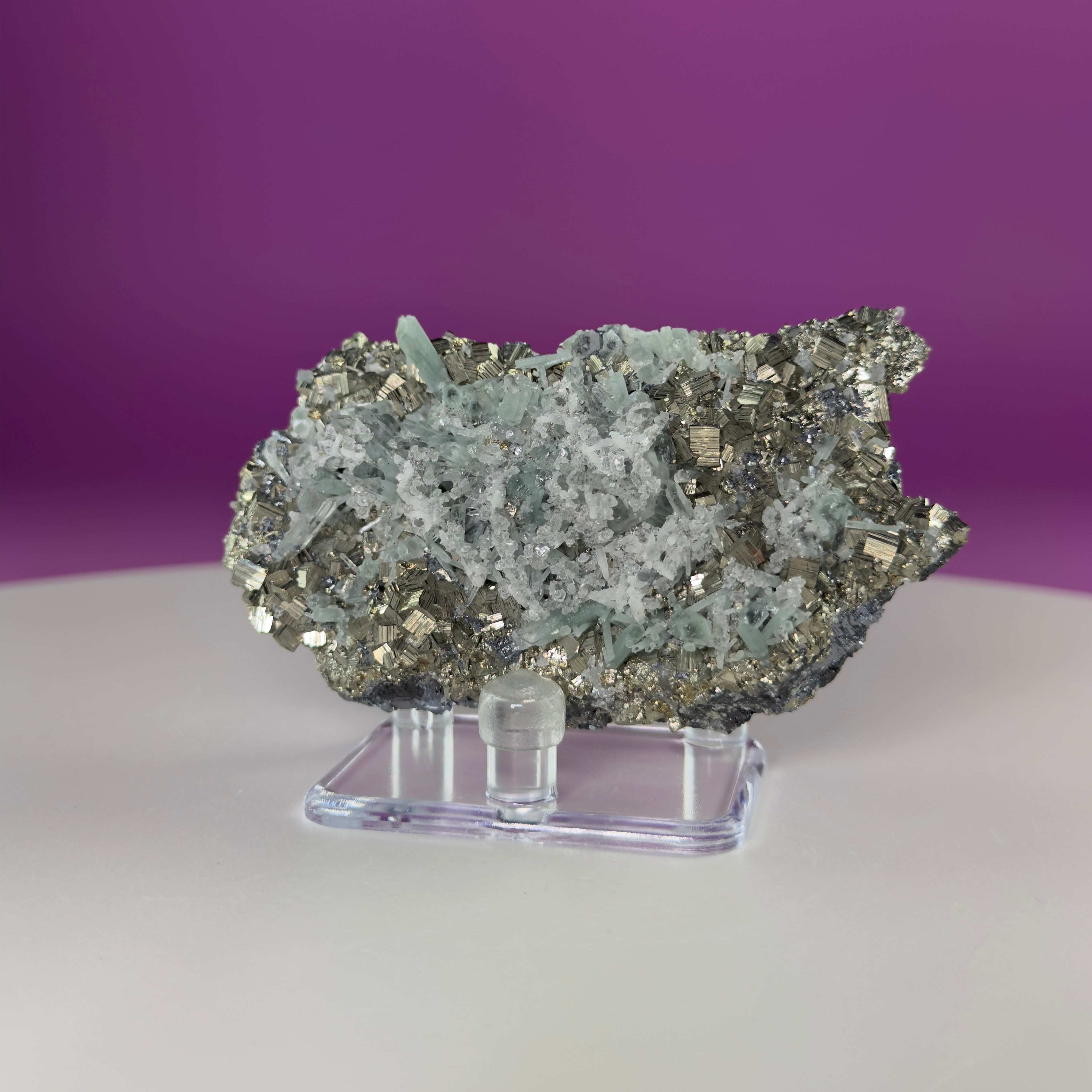 Green Quartz on Pyrite & Galena Specimen – Huaron Mine Peru Mineral Display