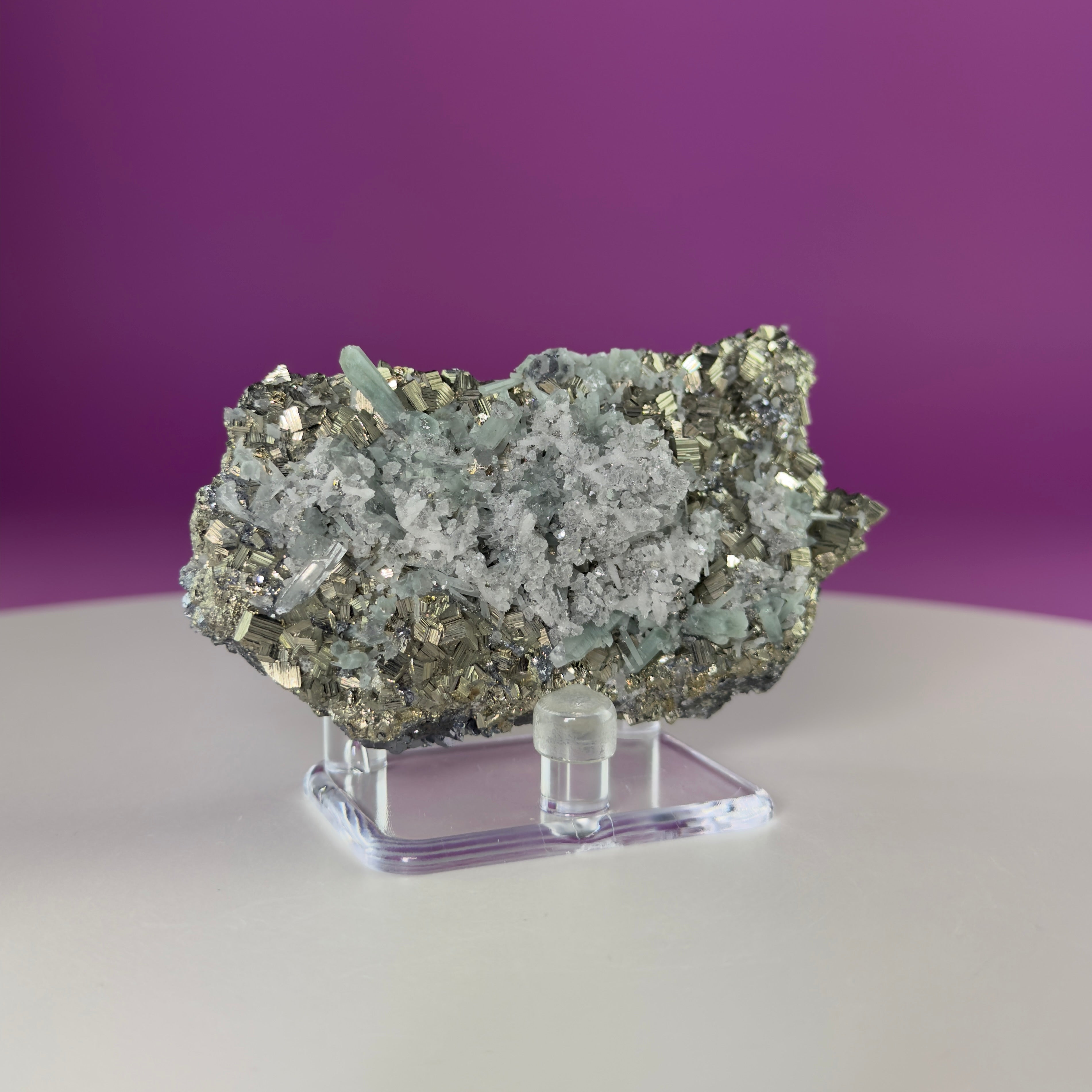 Green Quartz on Pyrite & Galena Specimen – Huaron Mine Peru Mineral Display