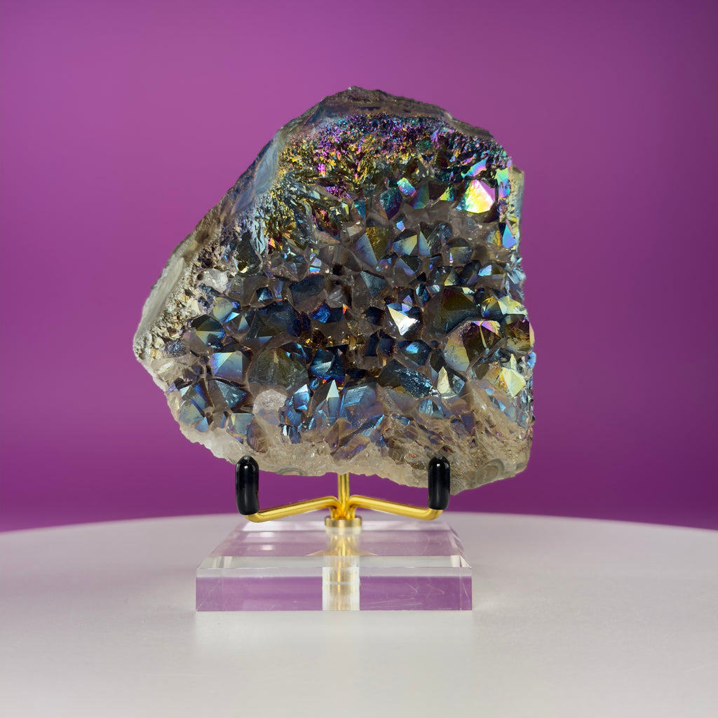 Titanium Aura Quartz Cluster with Gold Stand – Iridescent Display Piece