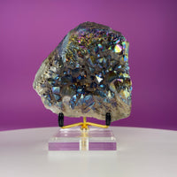Titanium Aura Quartz Cluster with Gold Stand – Iridescent Display Piece