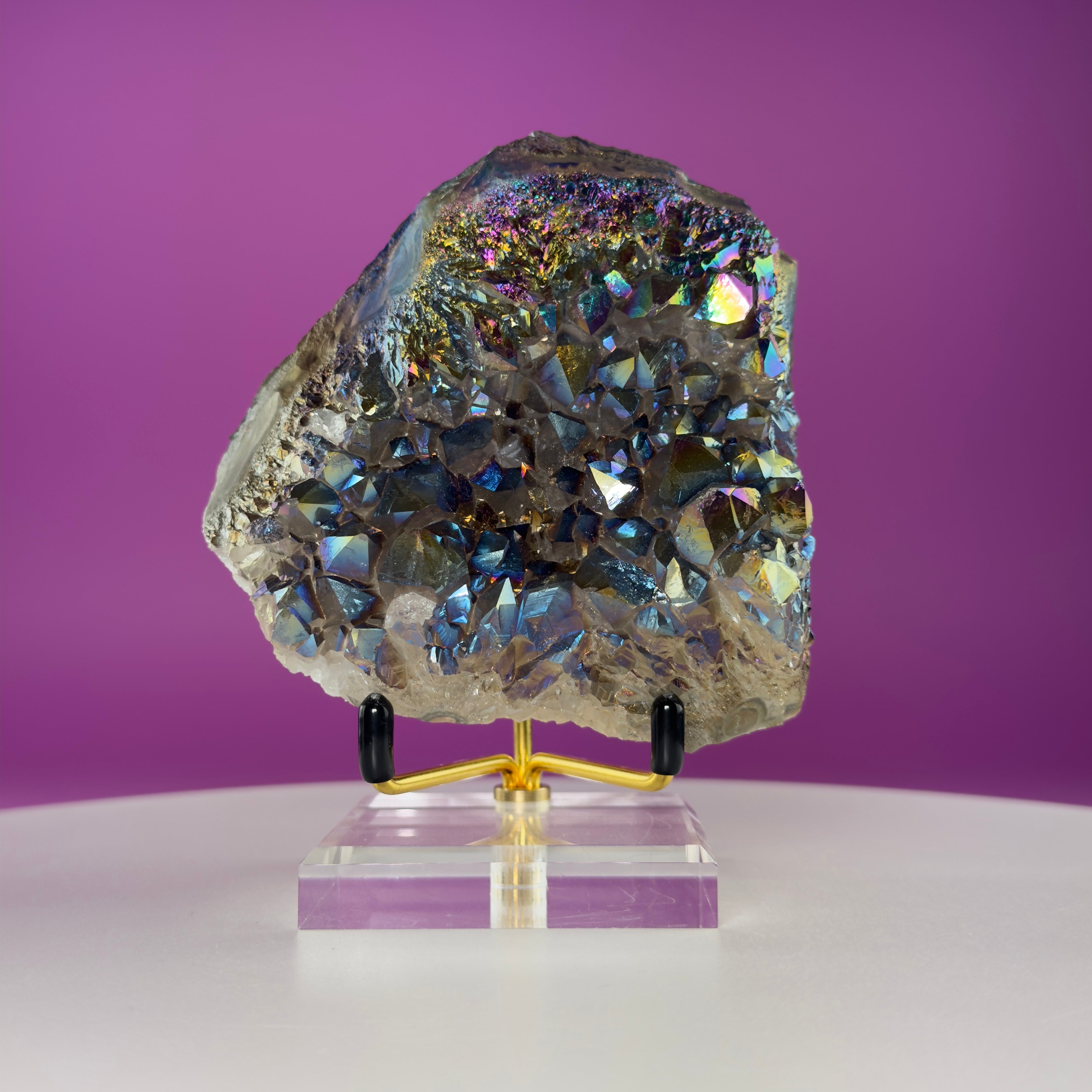 Titanium Aura Quartz Cluster with Gold Stand – Iridescent Display Piece