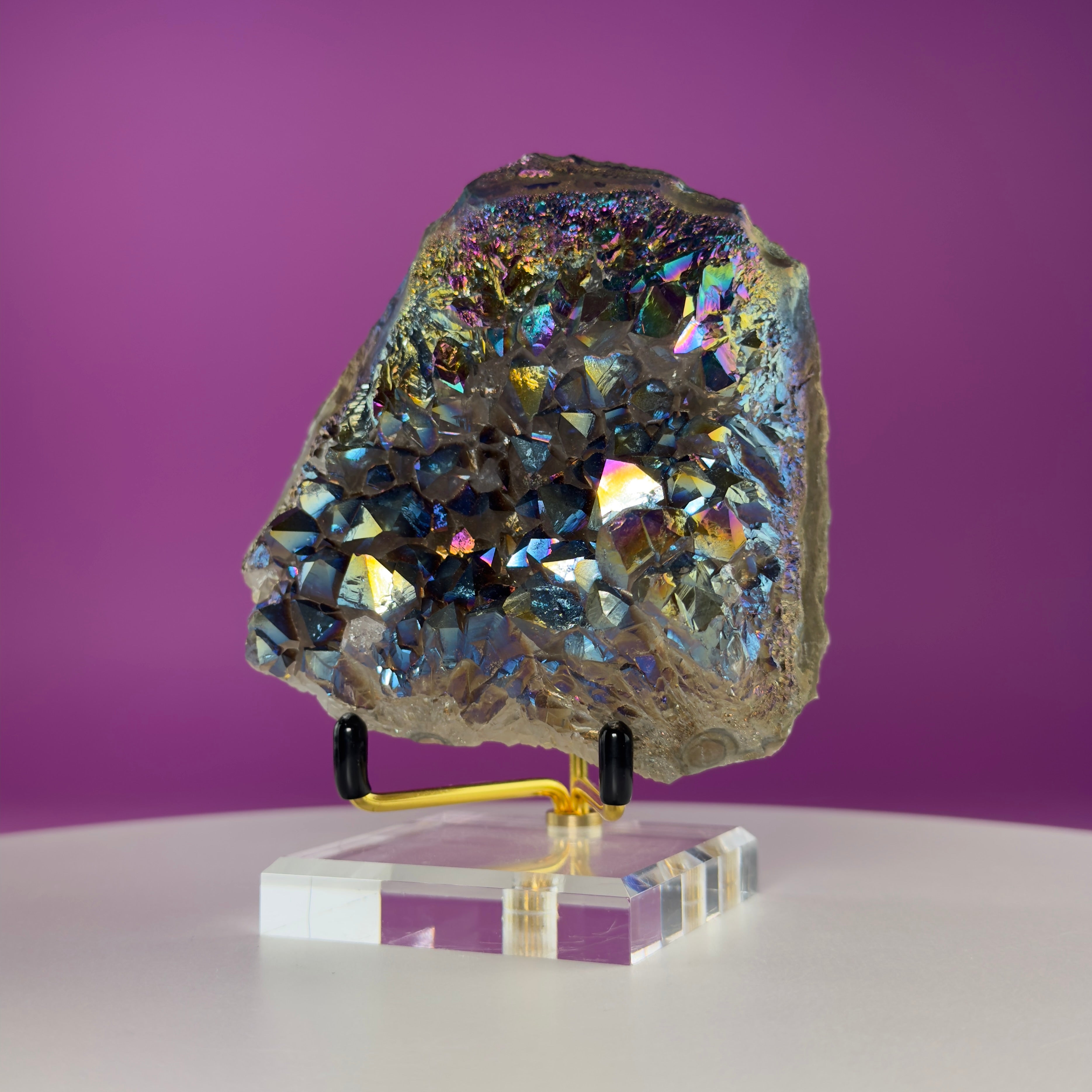 Titanium Aura Quartz Cluster with Gold Stand – Iridescent Display Piece