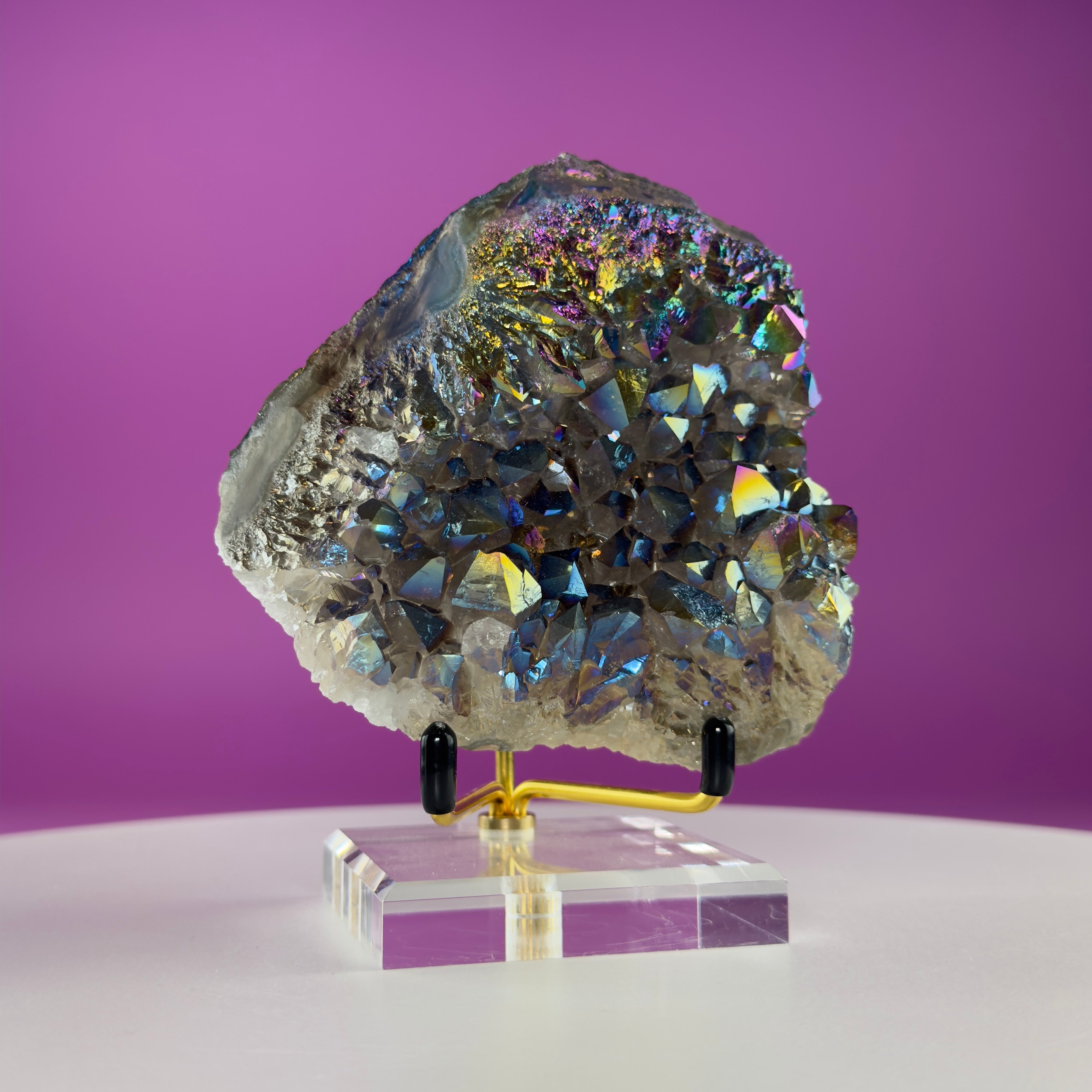 Titanium Aura Quartz Cluster with Gold Stand – Iridescent Display Piece