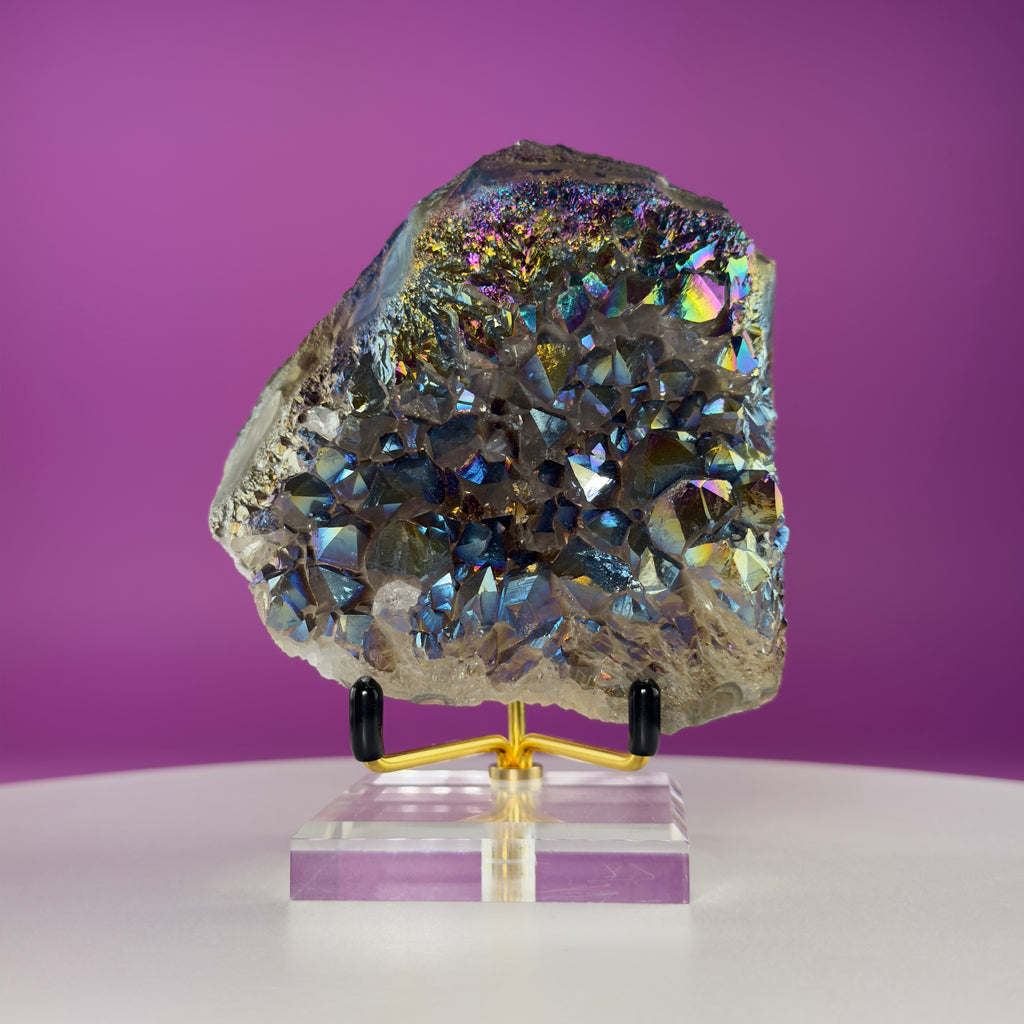Titanium Aura Quartz Cluster with Gold Stand – Iridescent Display Piece