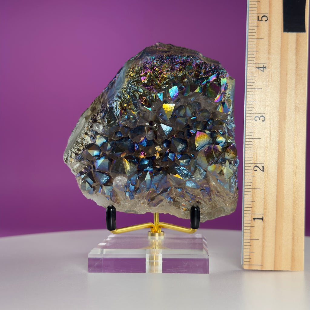 Titanium Aura Quartz Cluster with Gold Stand – Iridescent Display Piece
