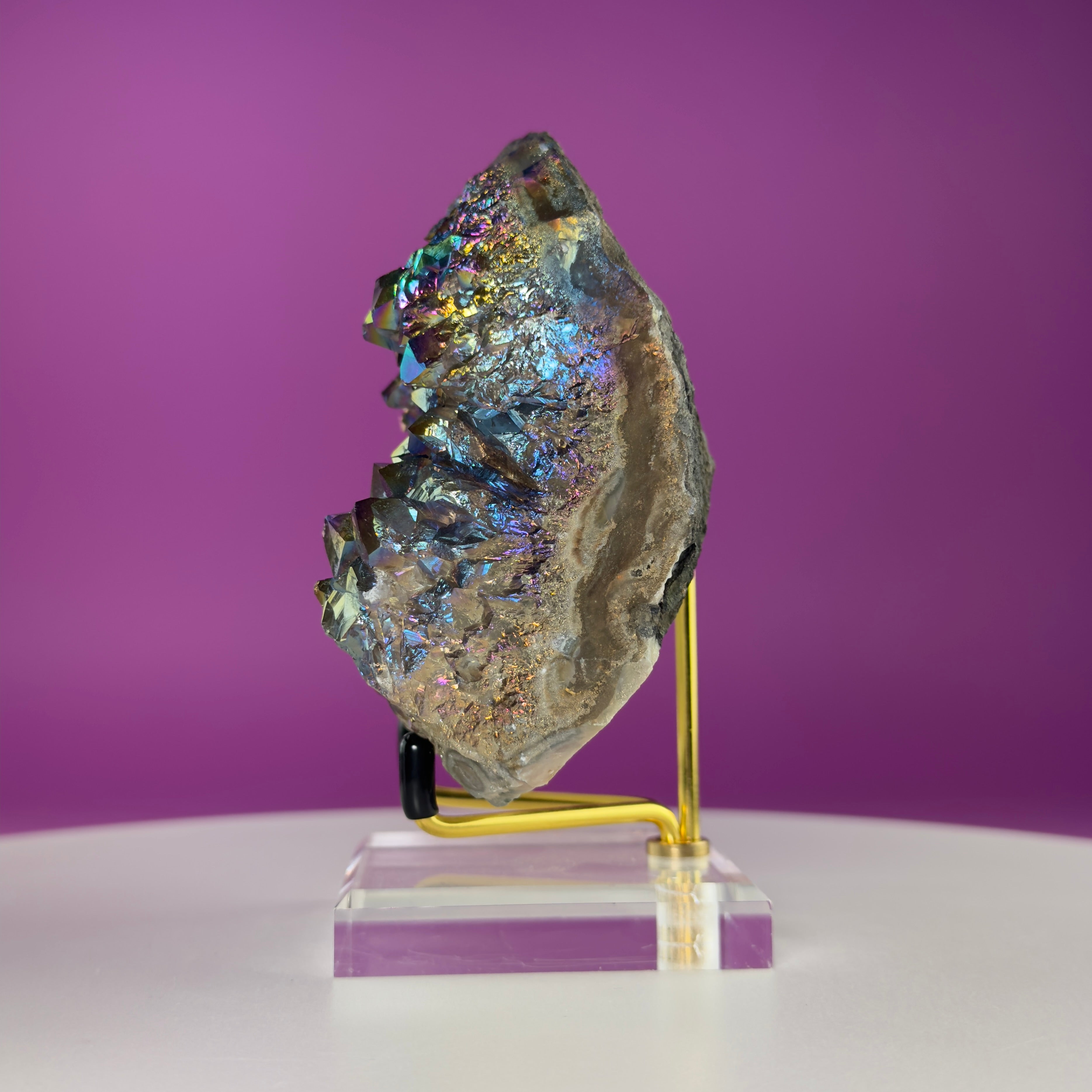 Titanium Aura Quartz Cluster with Gold Stand – Iridescent Display Piece