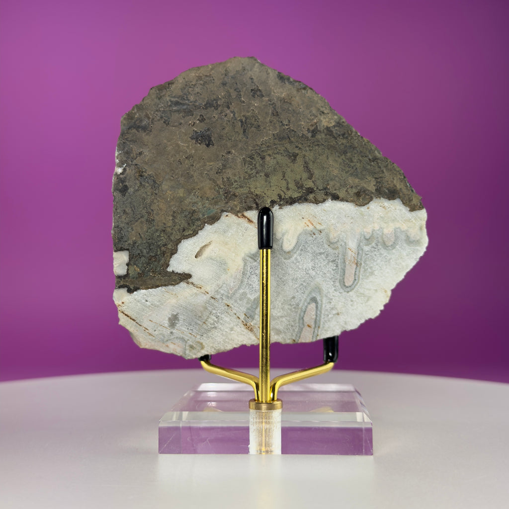Titanium Aura Quartz Cluster with Gold Stand – Iridescent Display Piece