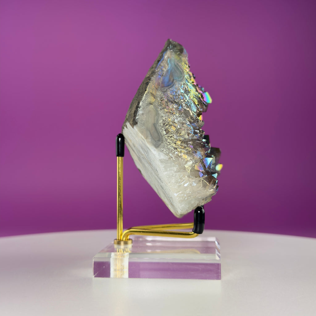 Titanium Aura Quartz Cluster with Gold Stand – Iridescent Display Piece