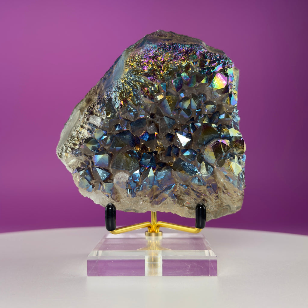 Titanium Aura Quartz Cluster with Gold Stand – Iridescent Display Piece