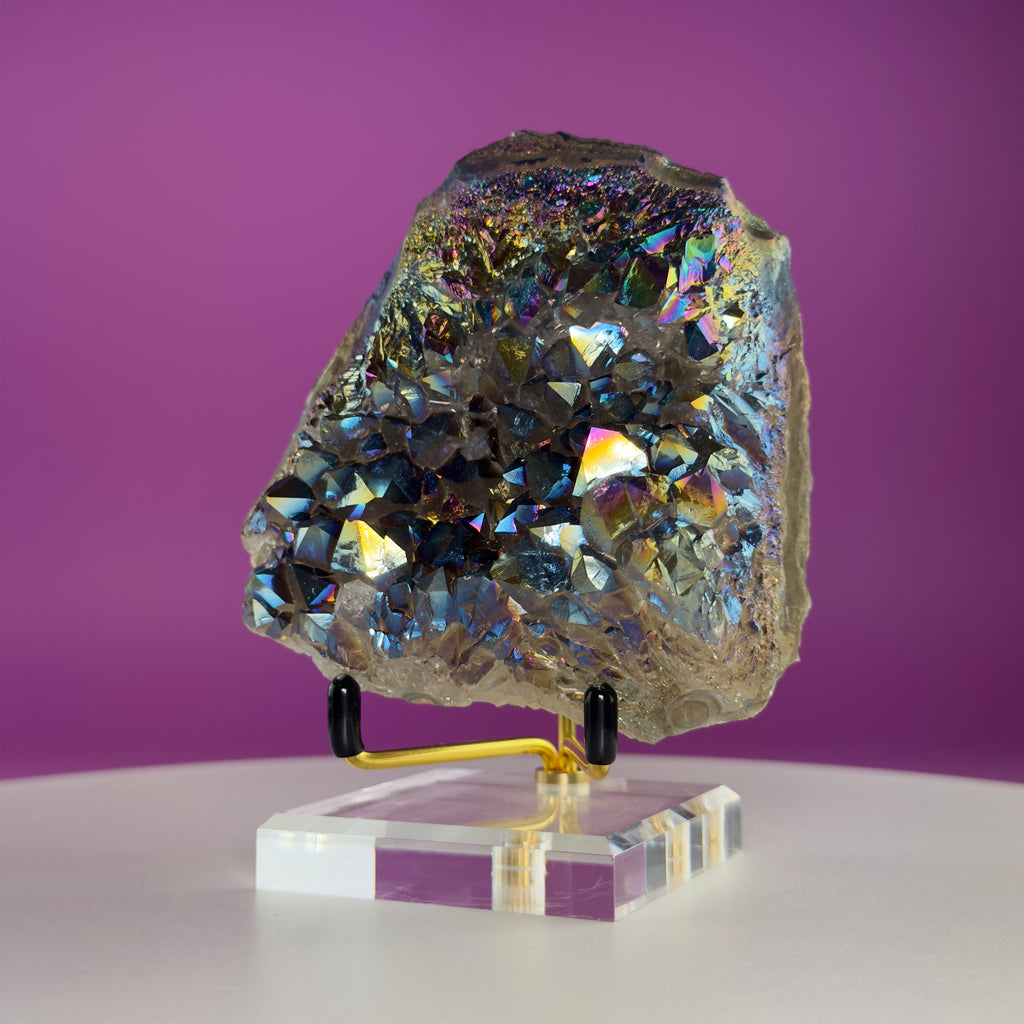 Titanium Aura Quartz Cluster with Gold Stand – Iridescent Display Piece