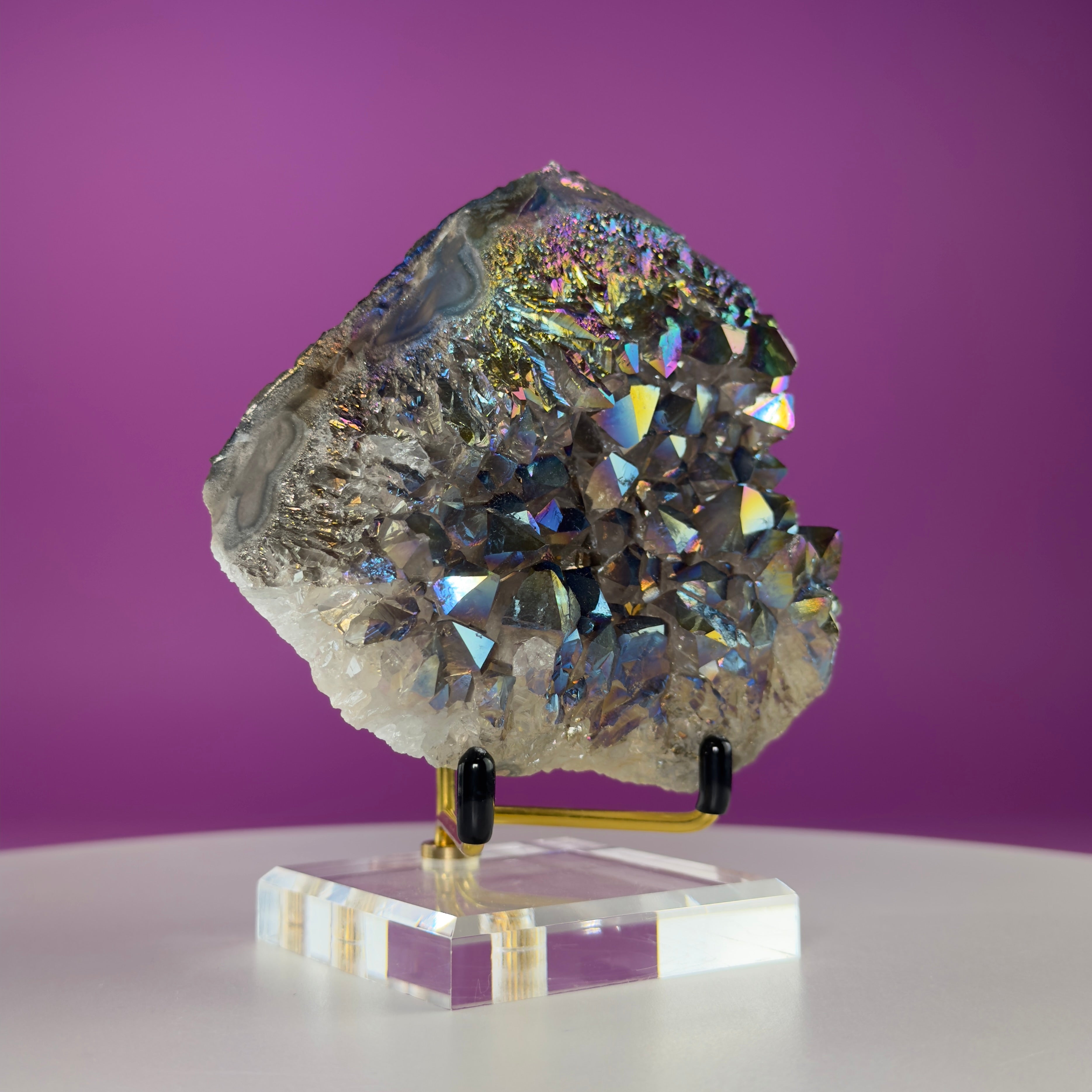 Titanium Aura Quartz Cluster with Gold Stand – Iridescent Display Piece