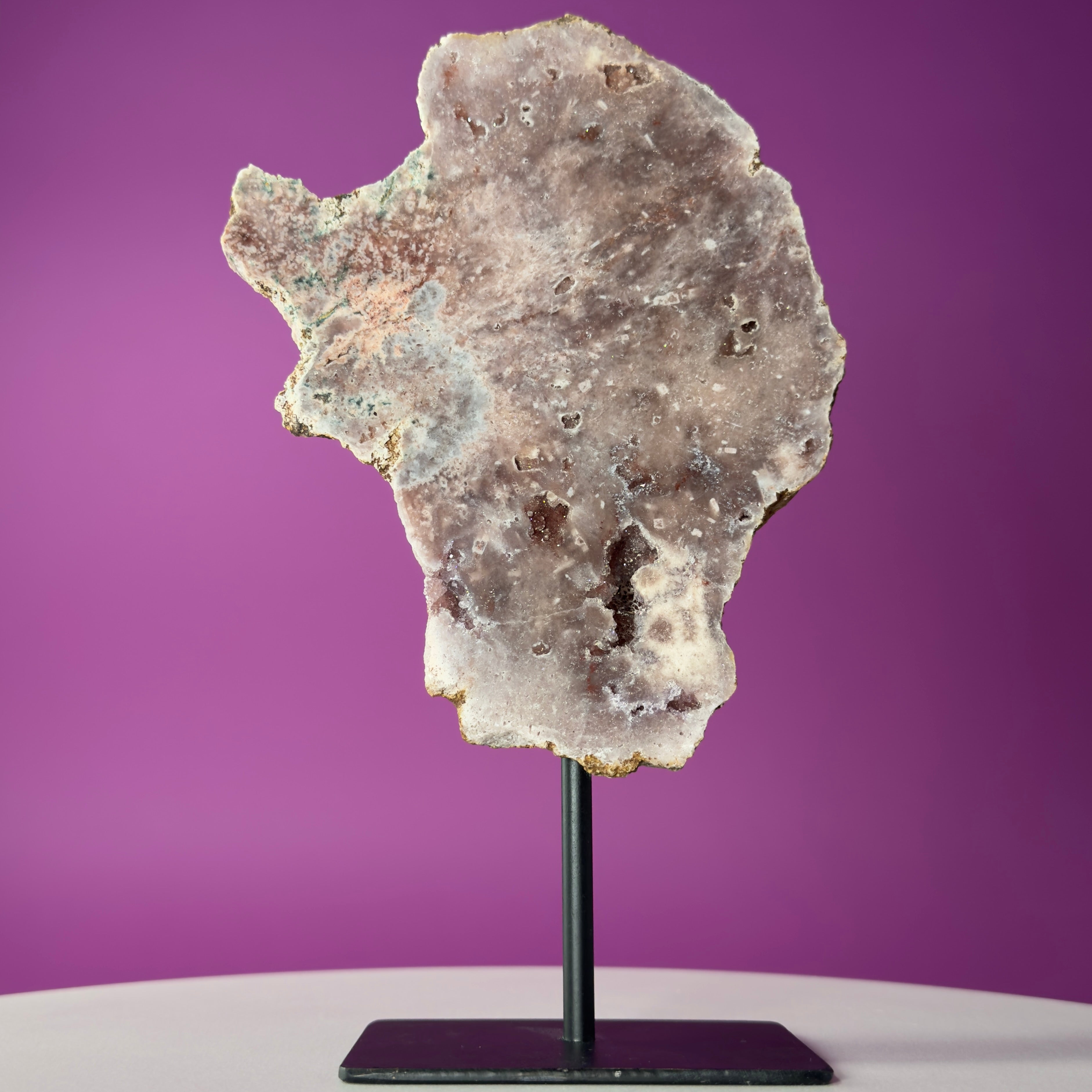 Pink Amethyst Slice on Black Metal Stand – Polished Crystal from Brazil