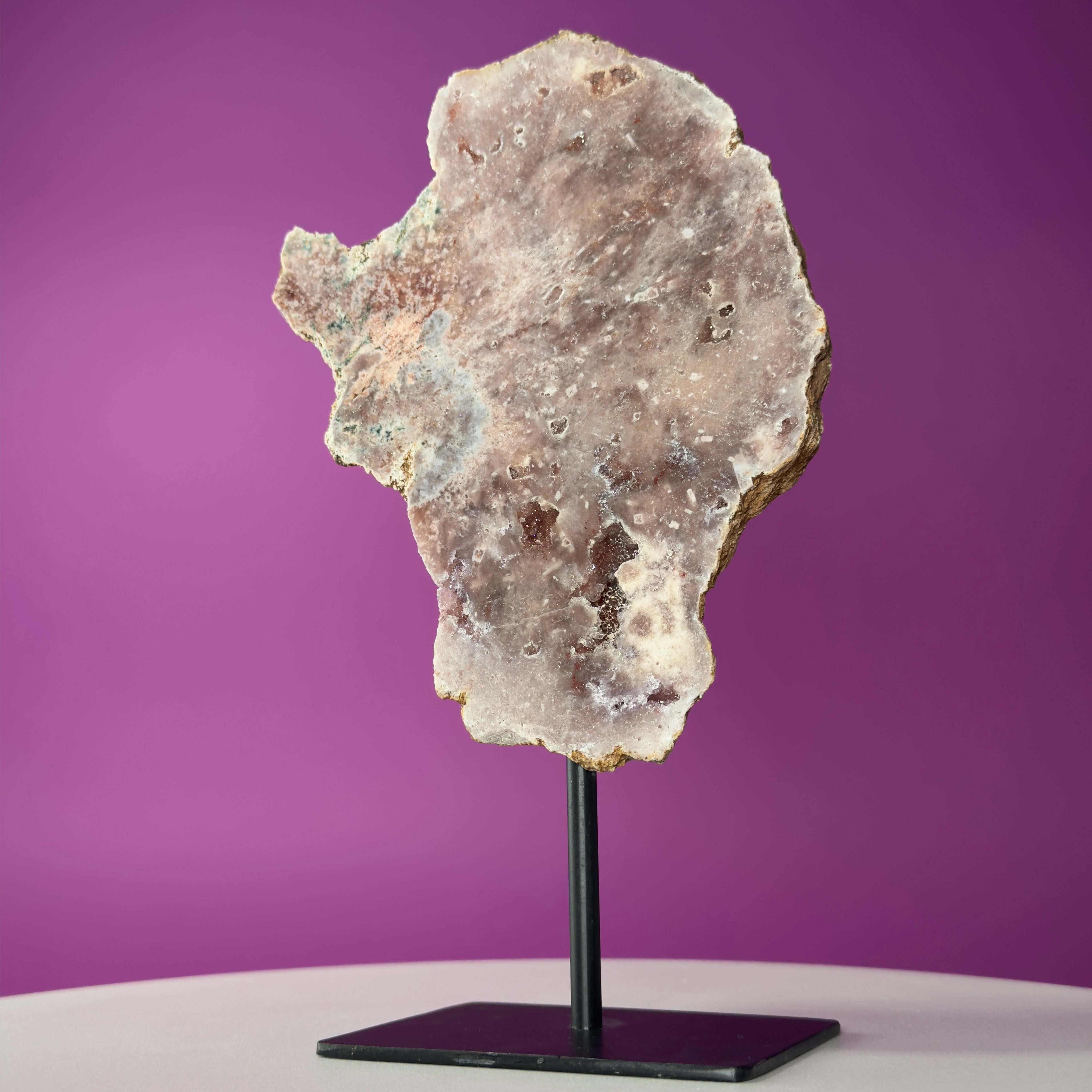 Pink Amethyst Slice on Black Metal Stand – Polished Crystal from Brazil