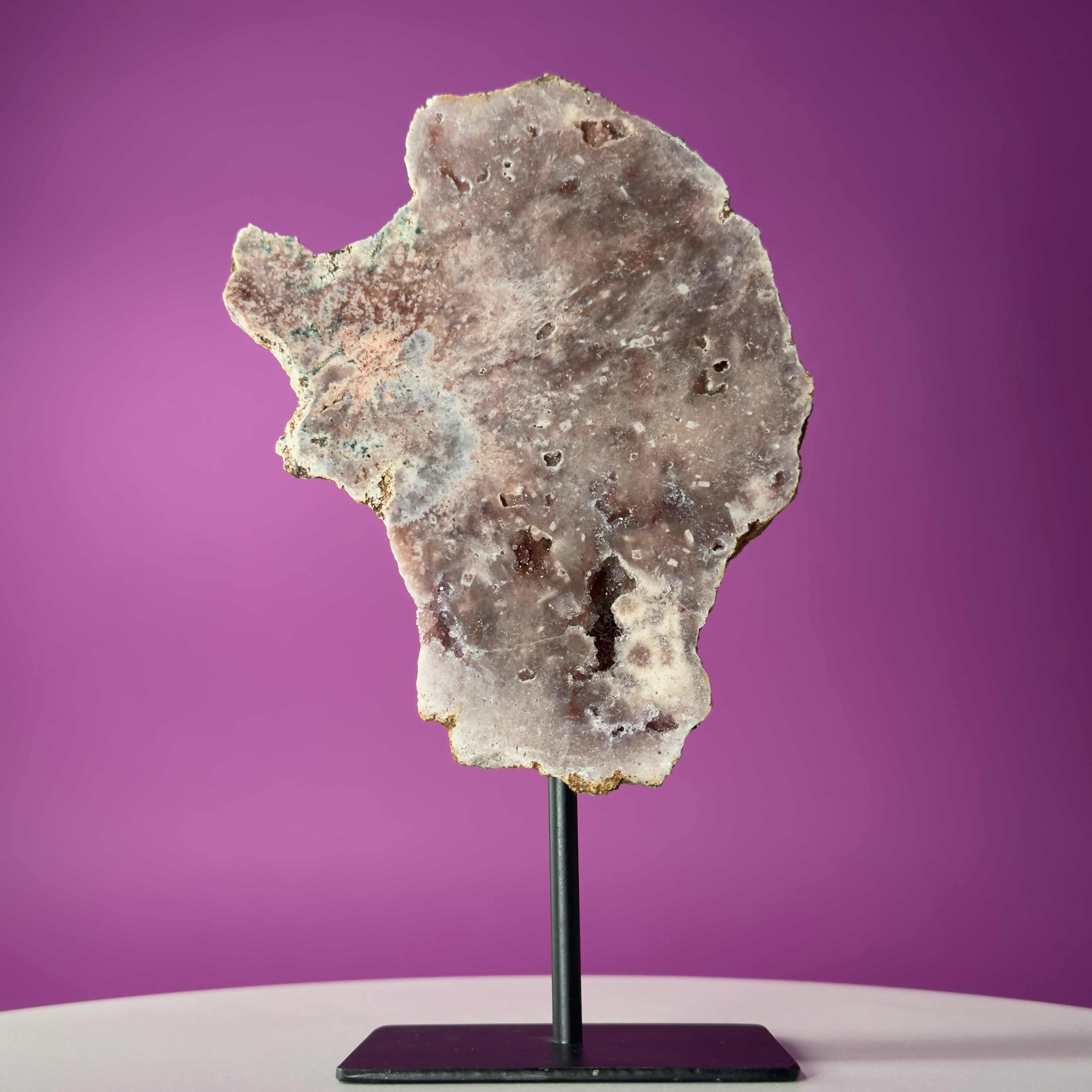 Pink Amethyst Slice on Black Metal Stand – Polished Crystal from Brazil