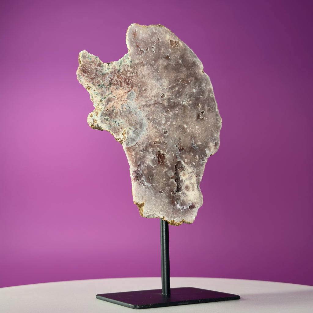 Pink Amethyst Slice on Black Metal Stand – Polished Crystal from Brazil