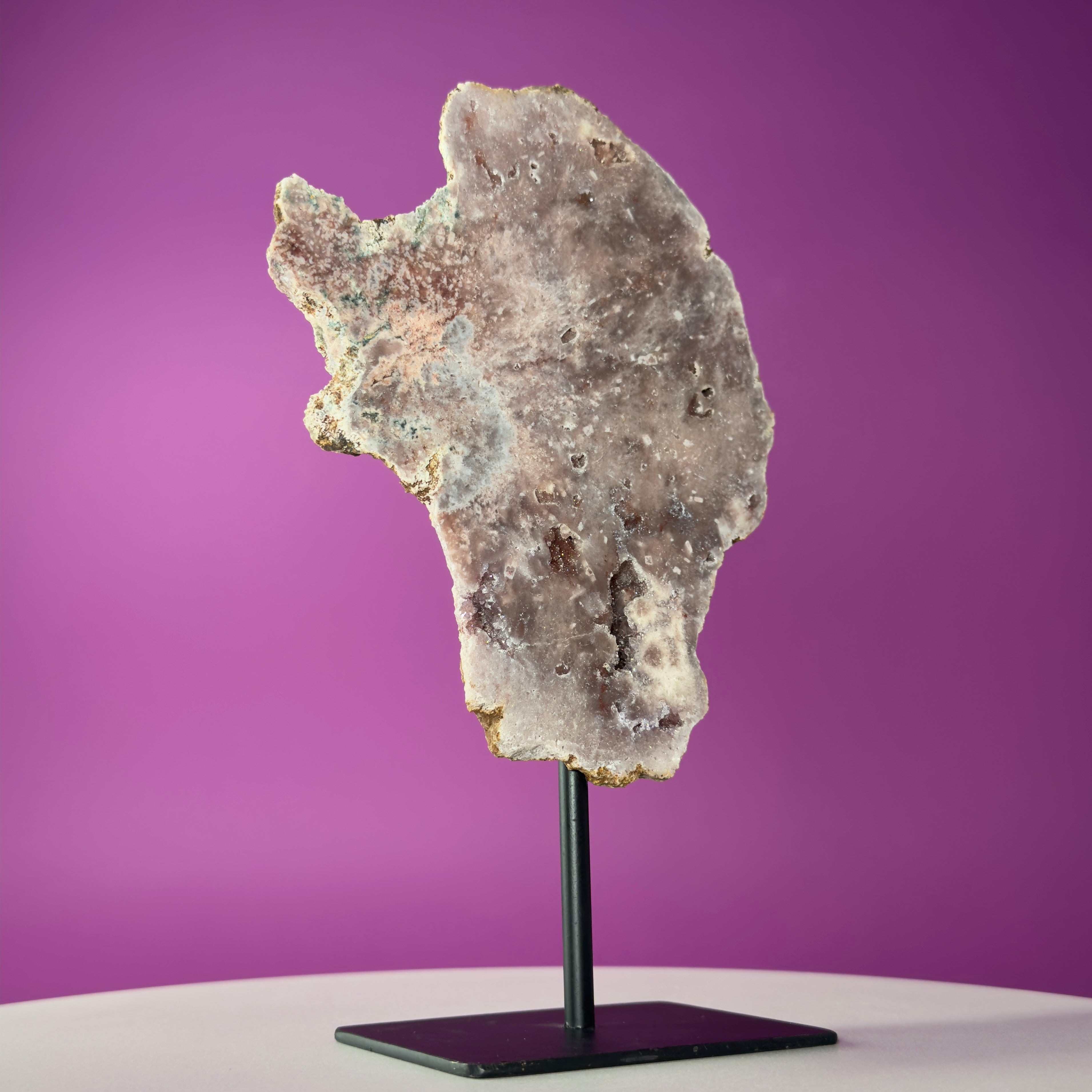 Pink Amethyst Slice on Black Metal Stand – Polished Crystal from Brazil