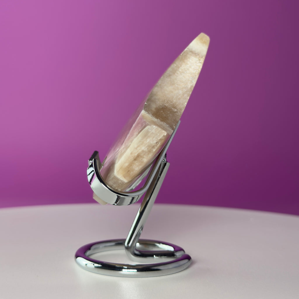 Moonstone Crescent Moon with Silver Metal Display Stand