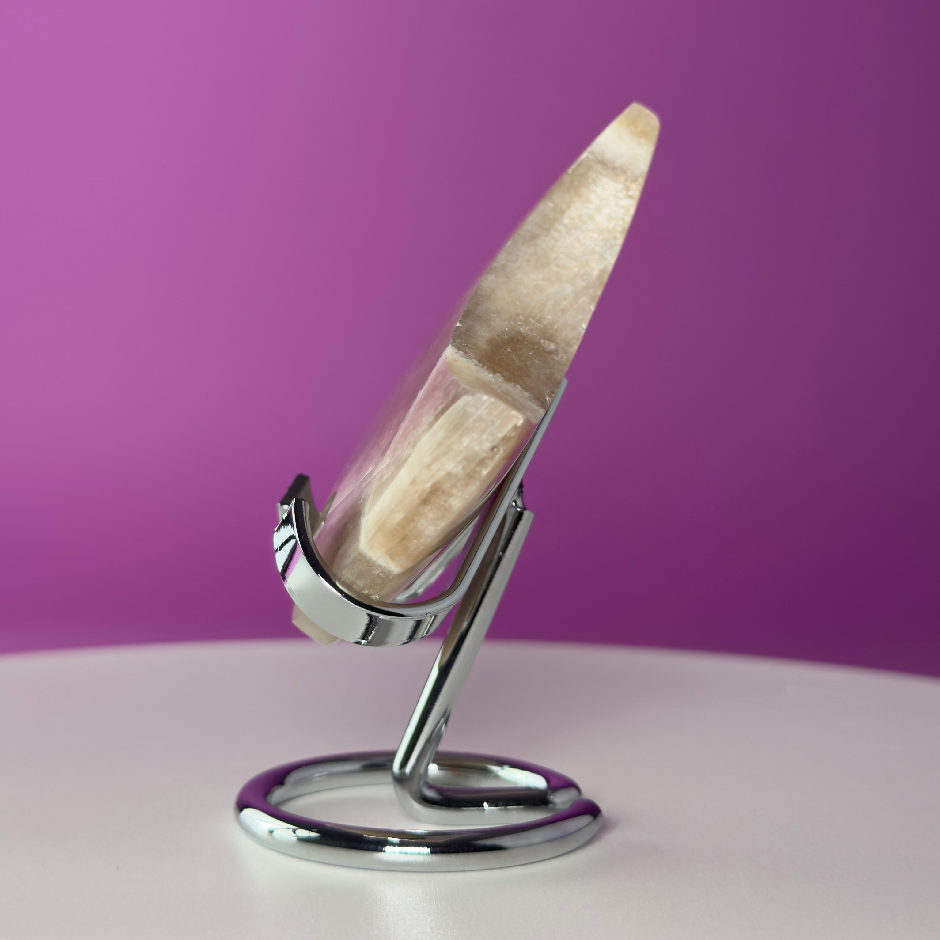 Moonstone Crescent Moon with Silver Metal Display Stand