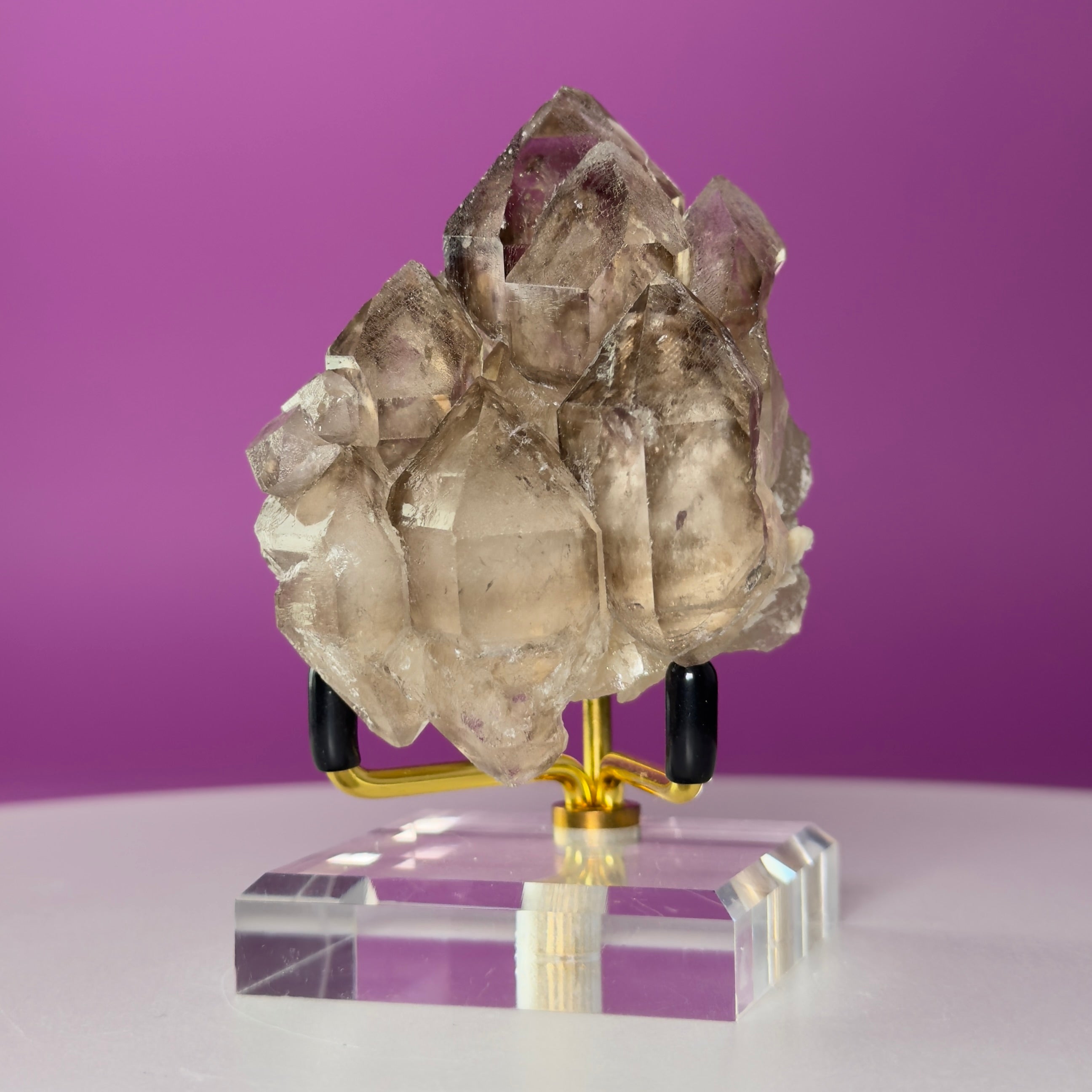 Smoky Quartz Elestial Crystal Cluster (Includes Gold Metal/Acrylic Stand)