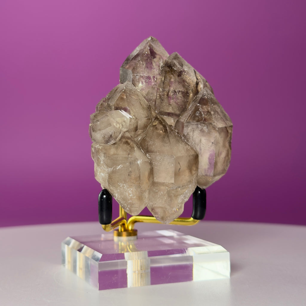 Smoky Quartz Elestial Crystal Cluster (Includes Gold Metal/Acrylic Stand)