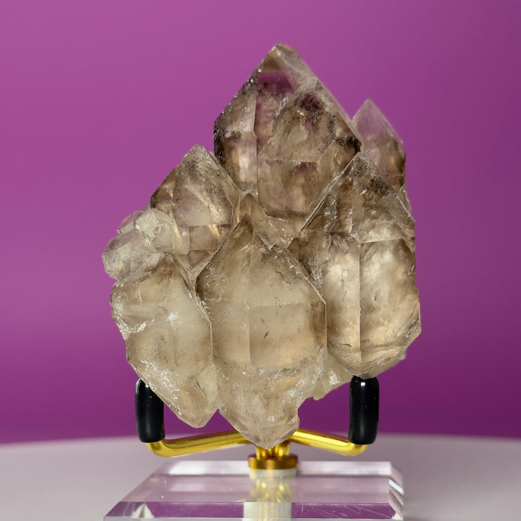 Smoky Quartz Elestial Crystal Cluster (Includes Gold Metal/Acrylic Stand)