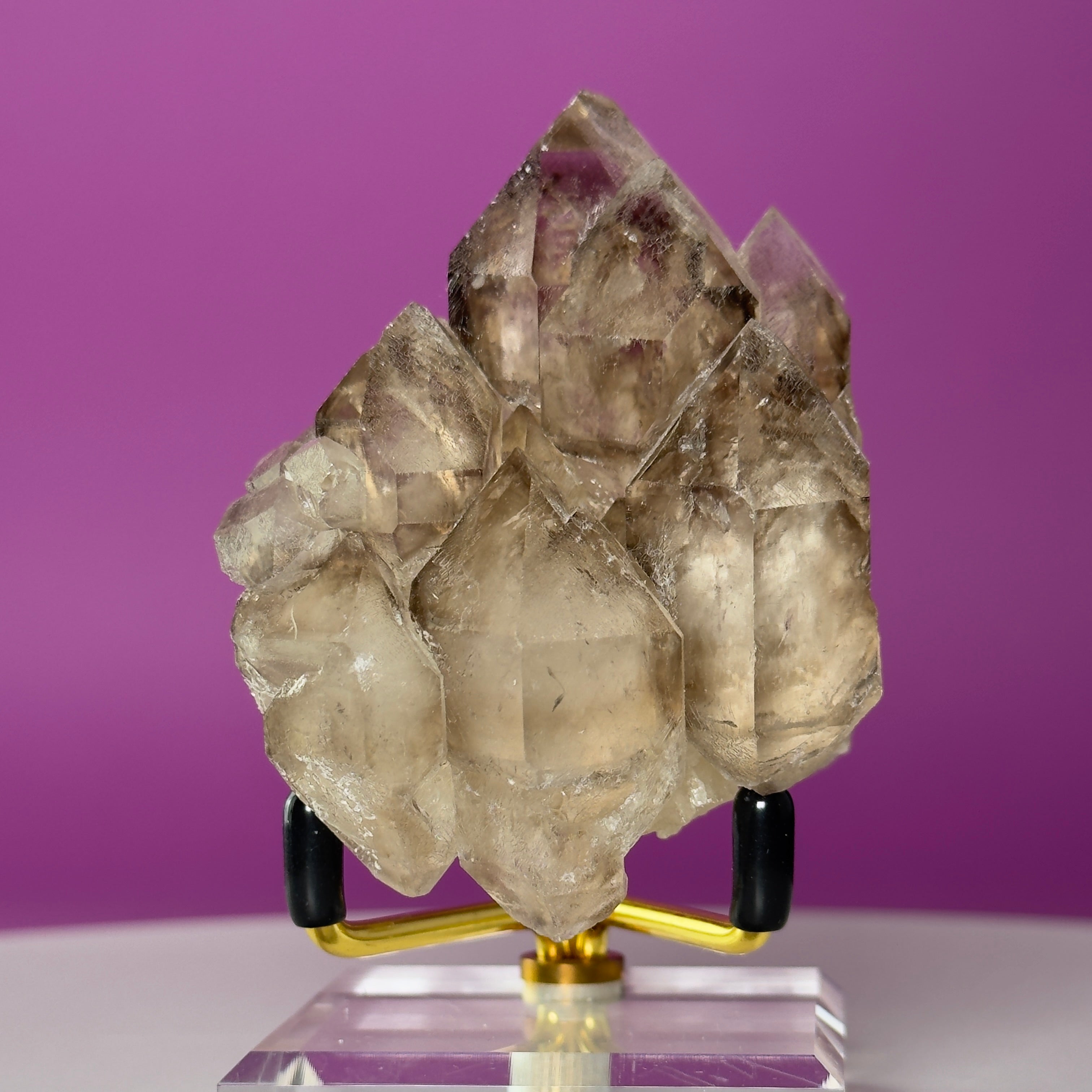 Smoky Quartz Elestial Crystal Cluster (Includes Gold Metal/Acrylic Stand)