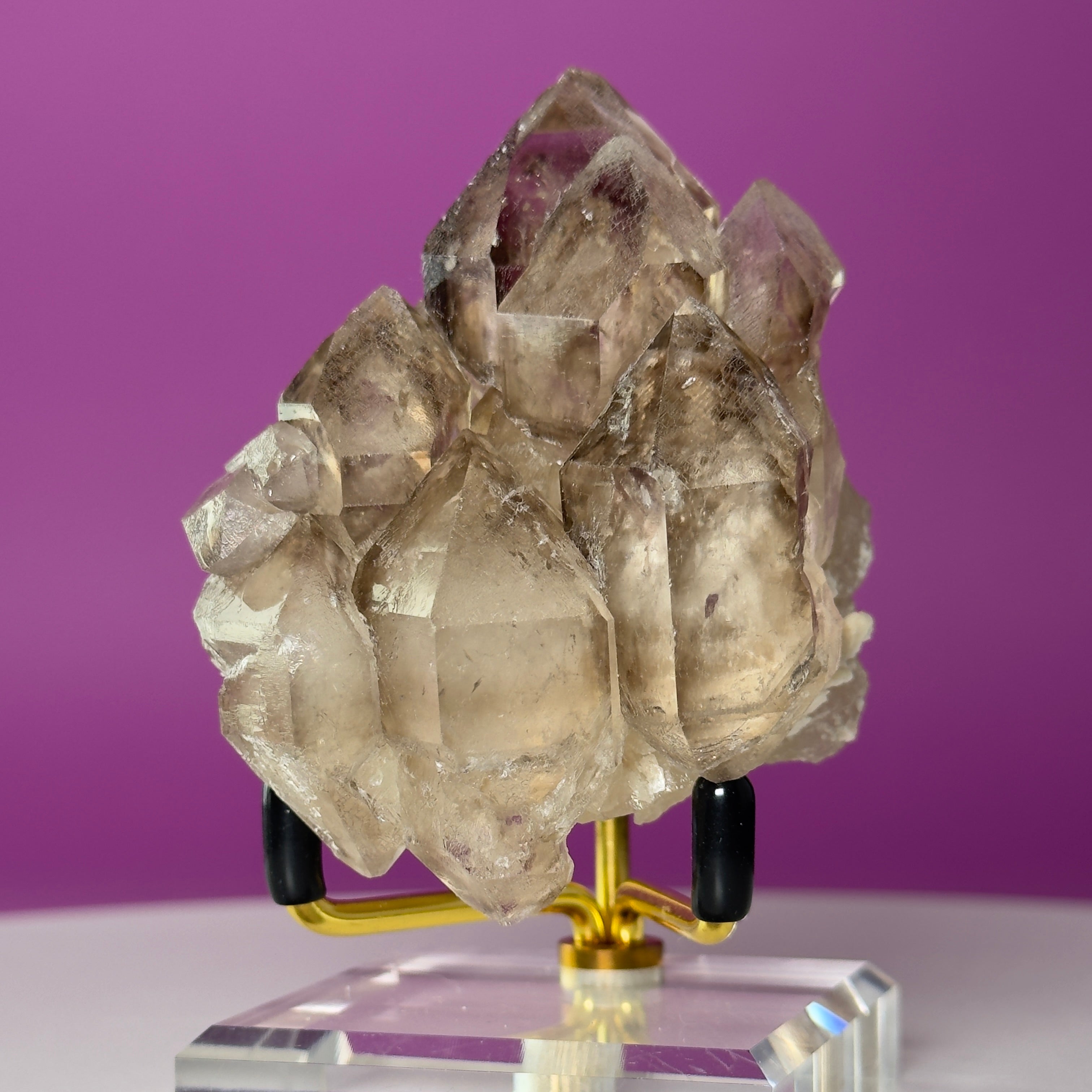 Smoky Quartz Elestial Crystal Cluster (Includes Gold Metal/Acrylic Stand)