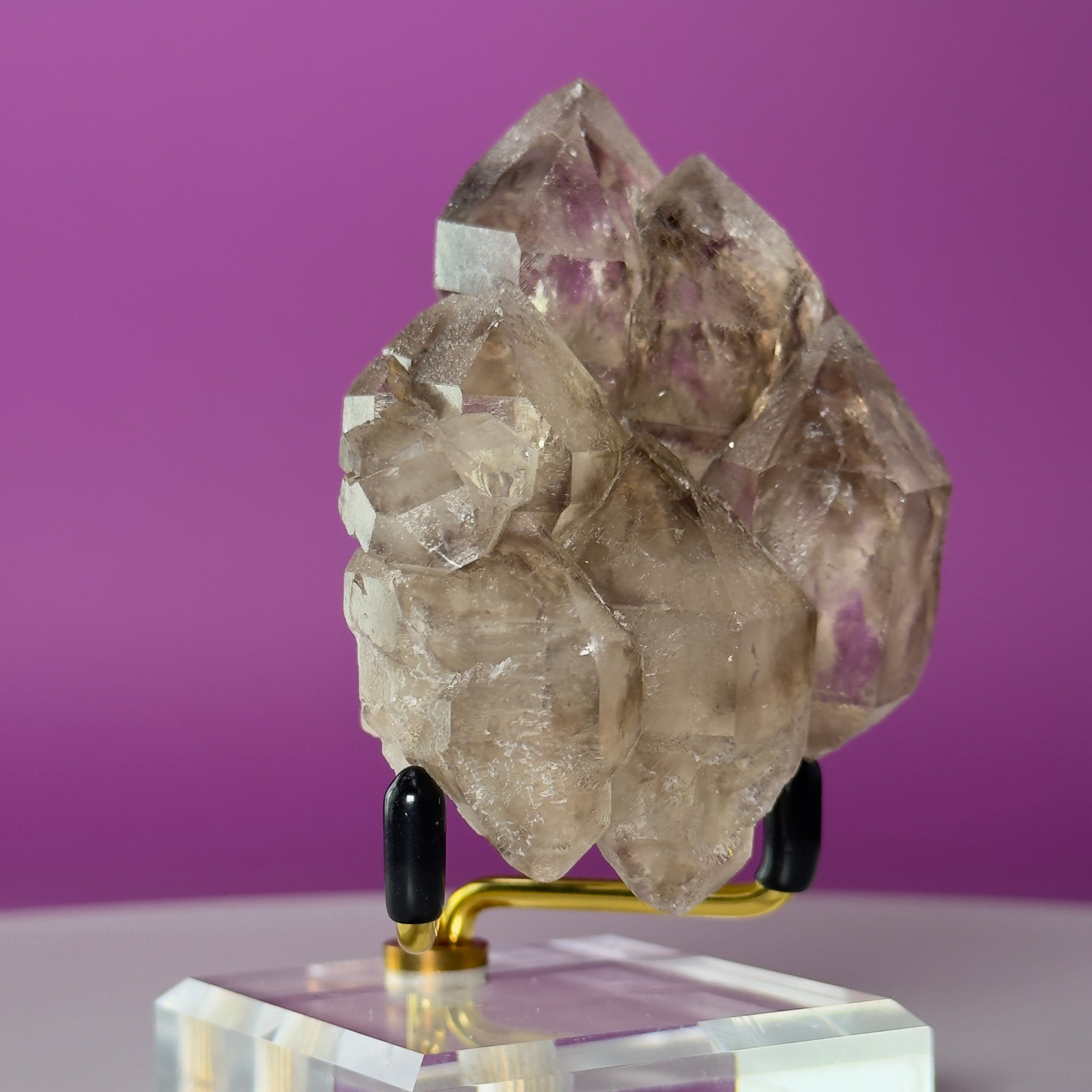 Smoky Quartz Elestial Crystal Cluster (Includes Gold Metal/Acrylic Stand)