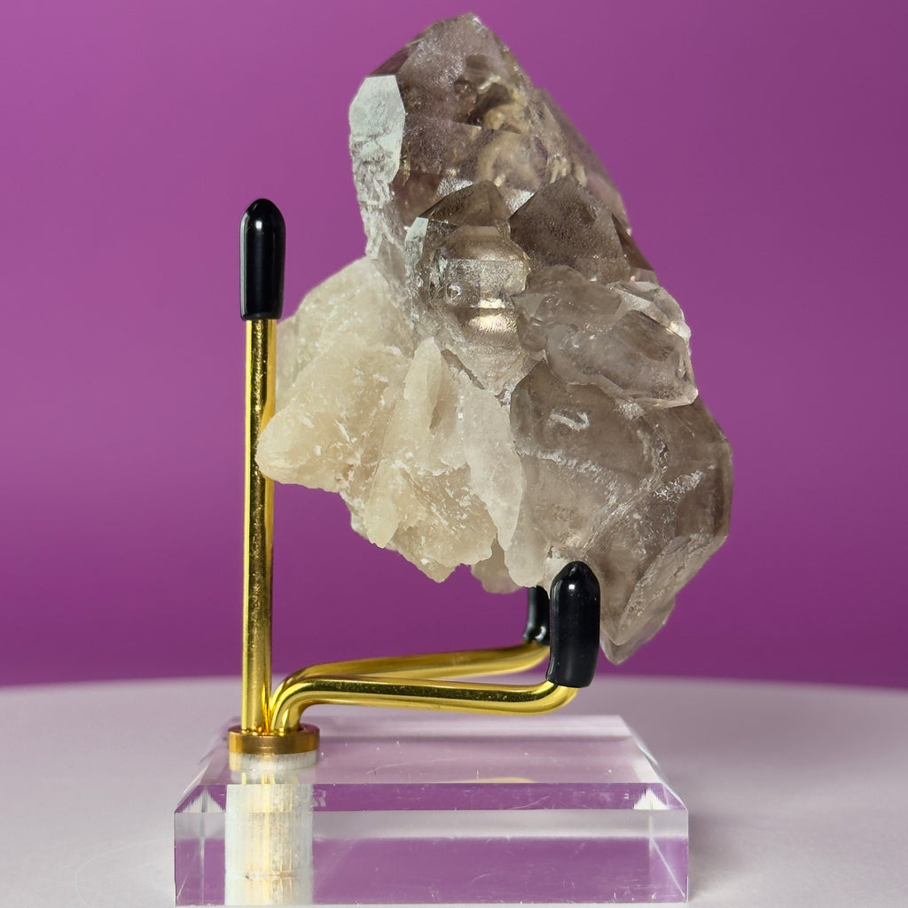 Smoky Quartz Elestial Crystal Cluster (Includes Gold Metal/Acrylic Stand)
